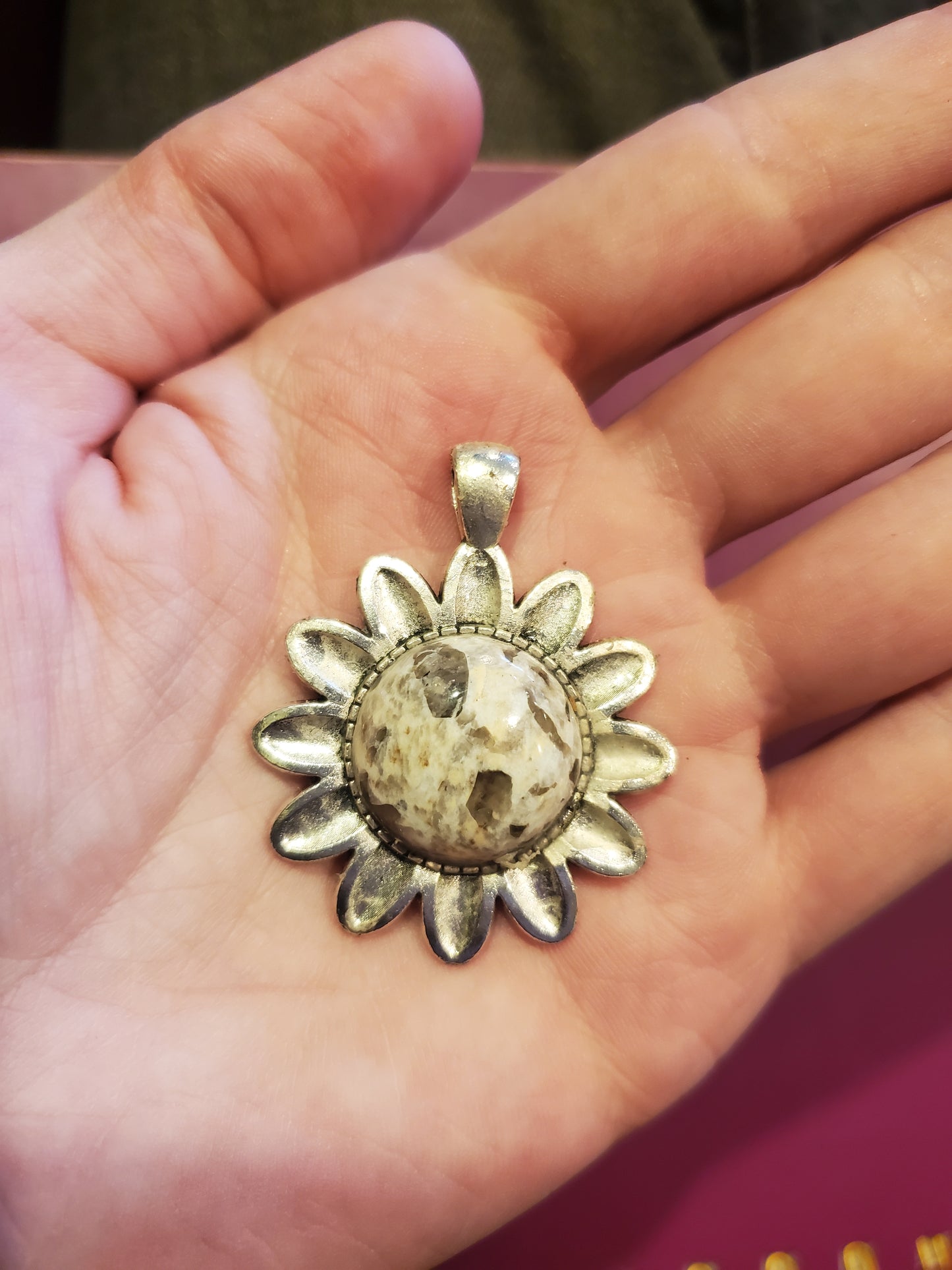 Smokey Quartz in Pegmatite Necklace Pendant - 20mm Round Cab, Flower Setting