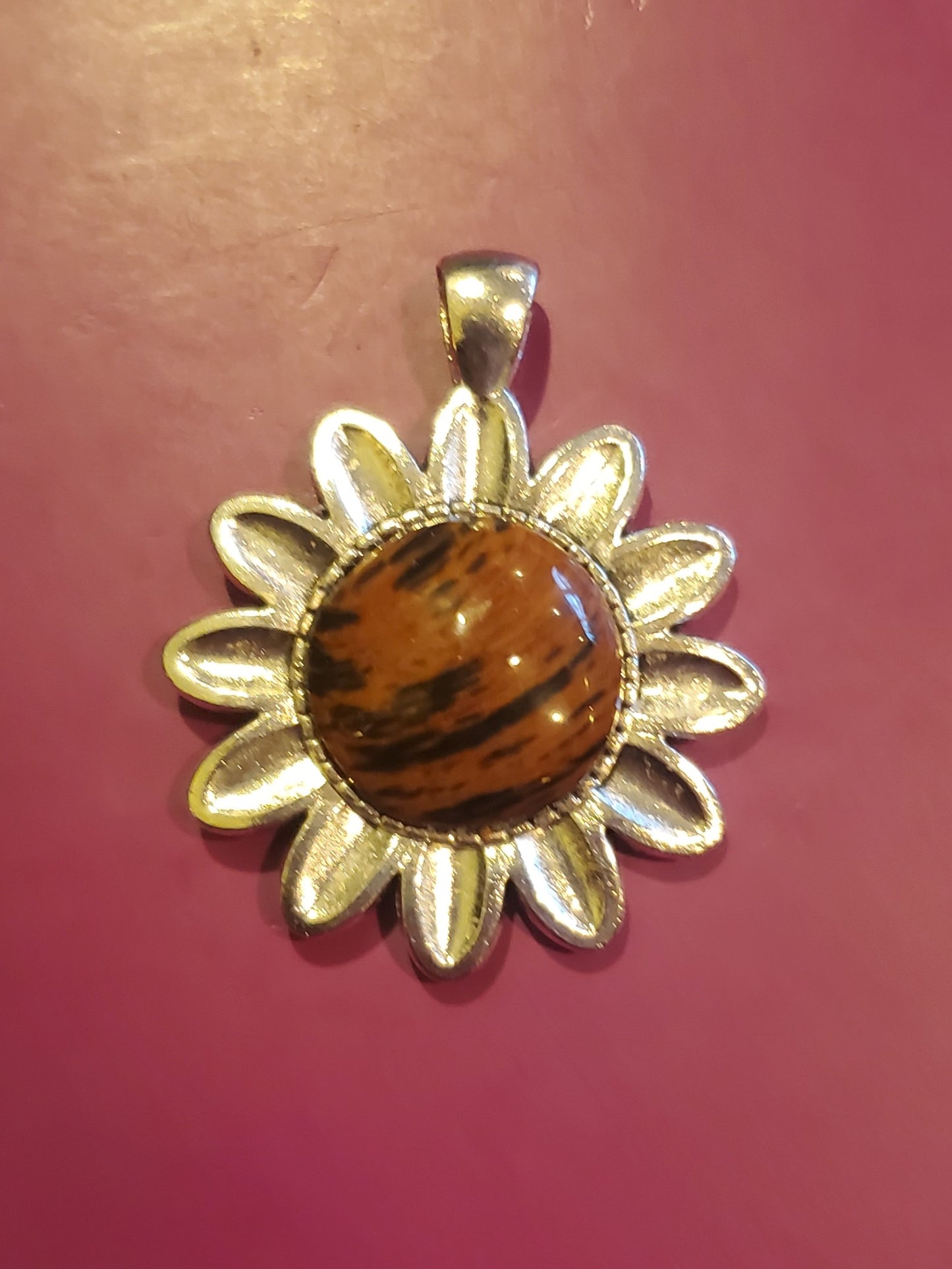 Mahogany Obsidian Pendant - Alloy Flower Setting, 20mm Round Cab