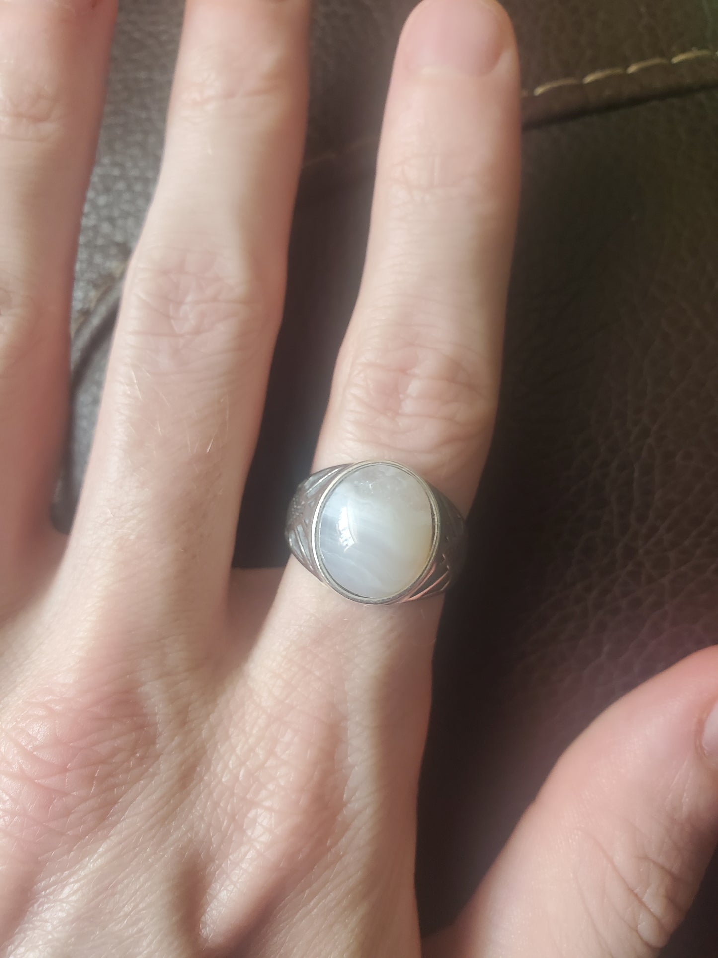 Banded Agate and Quartz Adjustable Ring - Silver, 12mm Oval Cab