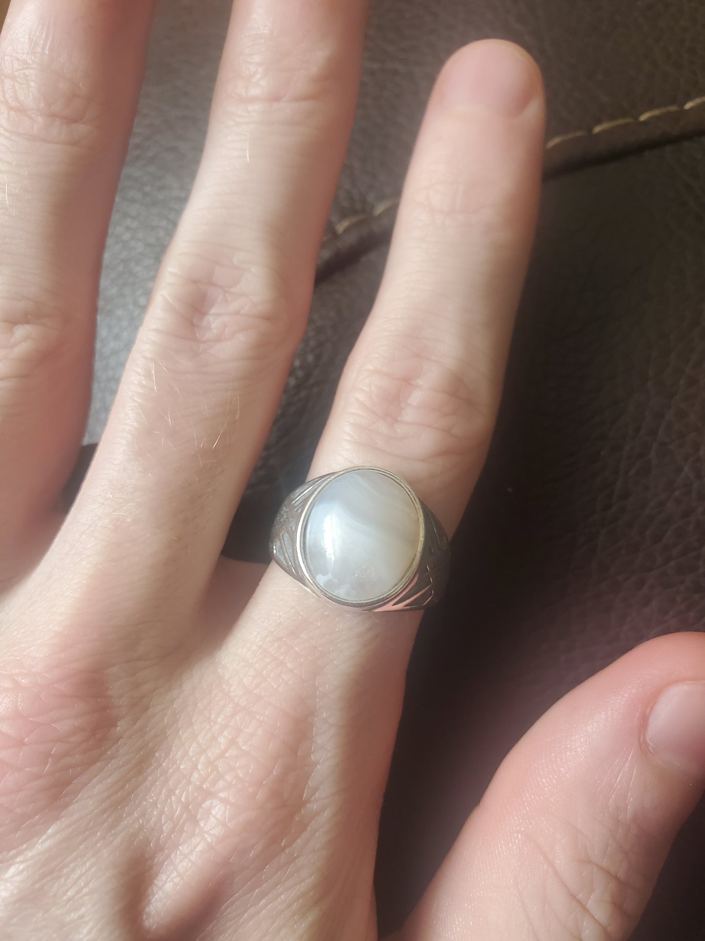 Banded Agate and Quartz Adjustable Ring - Silver, 12mm Oval Cab