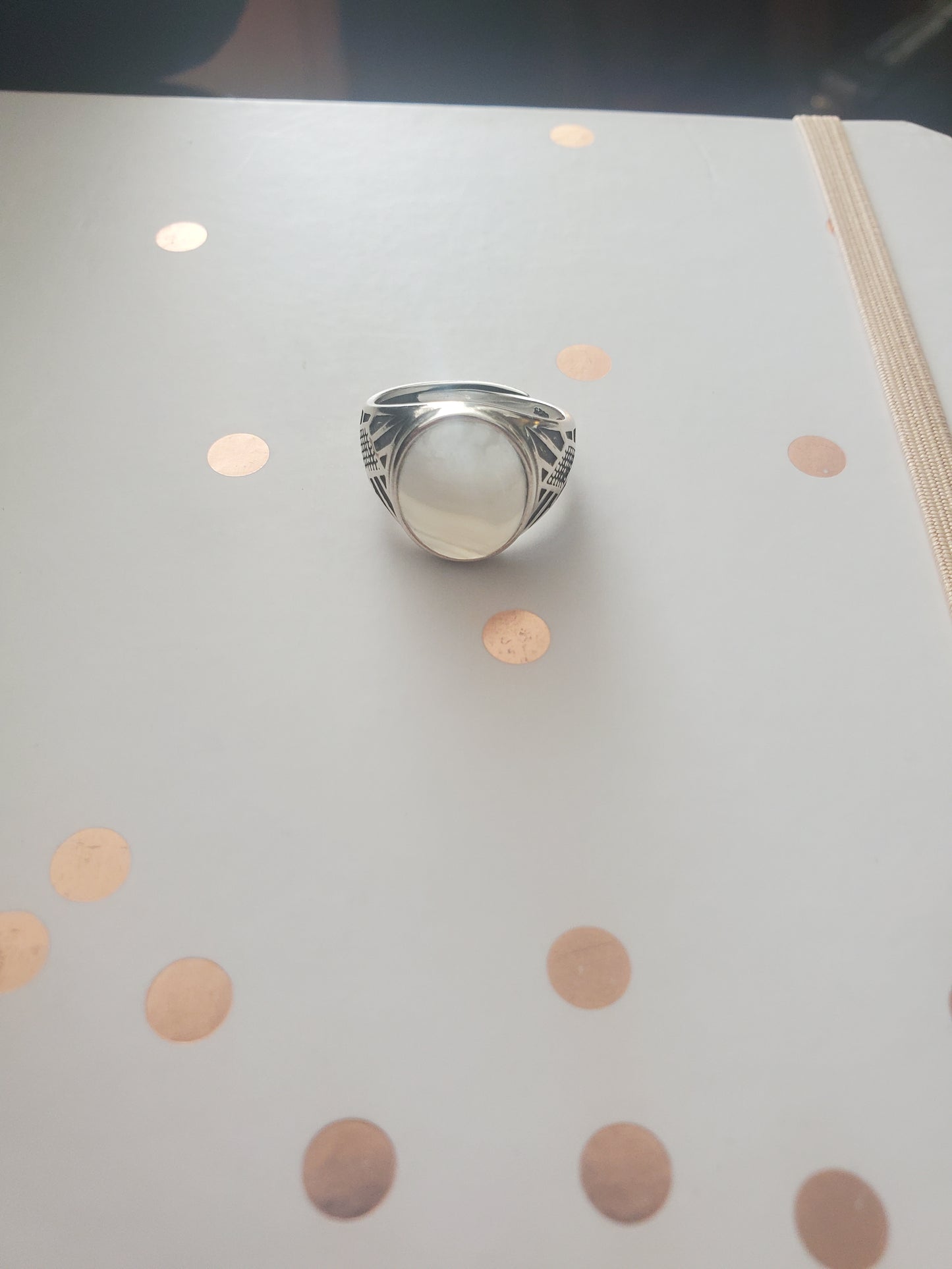 Banded Agate and Quartz Adjustable Ring - Silver, 12mm Oval Cab