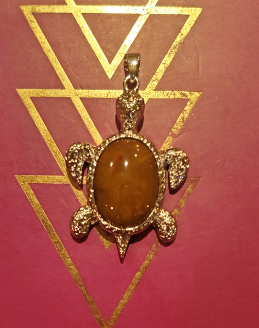 Montana City Popeye Jasper Turtle Pendant, 30x22mm Cab, Alloy Necklace