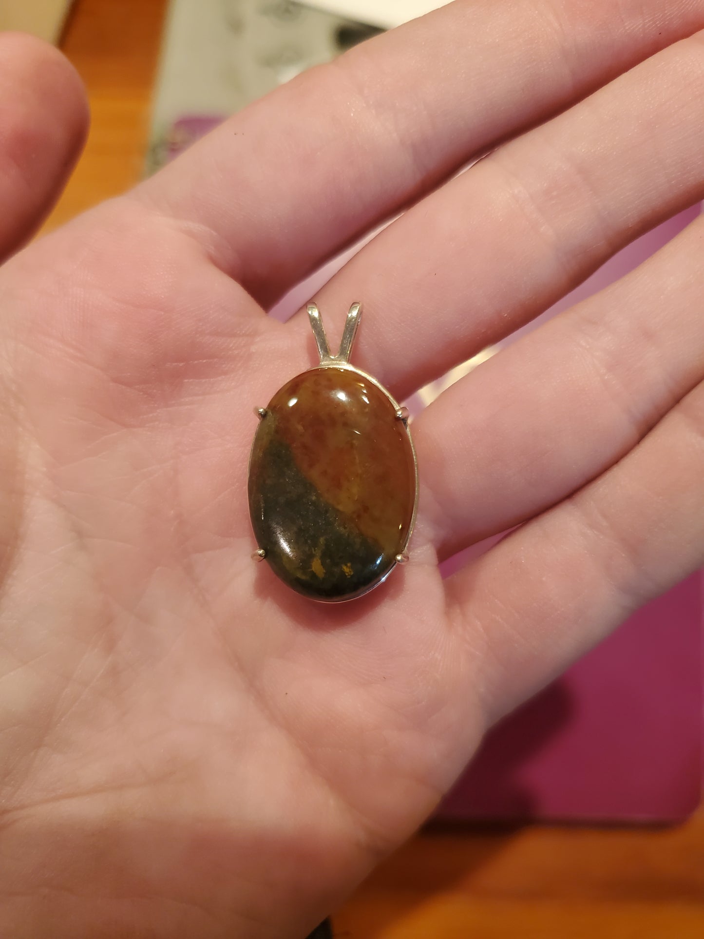 Montana City Popeye Jasper Bi-Color Necklace Pendant, 22x18mm Cab, Silver Setting