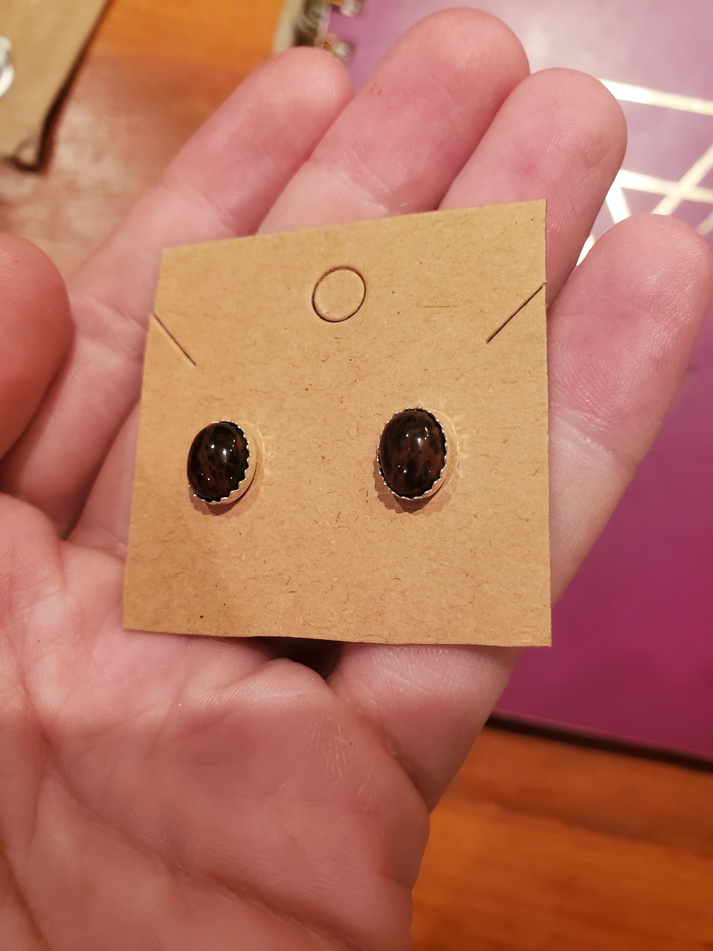 Mahogany Obsidian Earrings, 10mm Cabs, Silver Settings