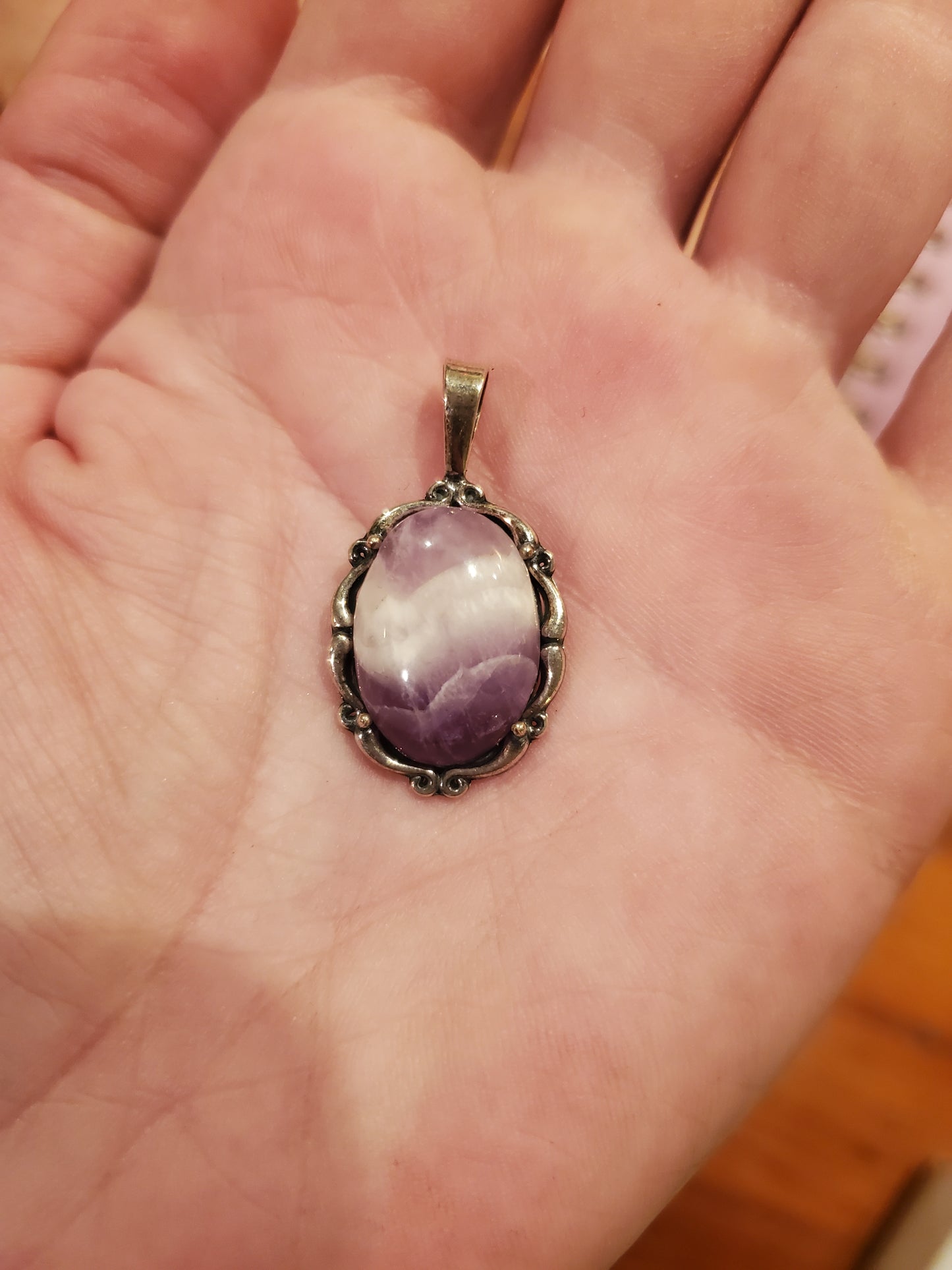 Banded Amethyst Necklace Pendant, 18x13mm, Silver Setting