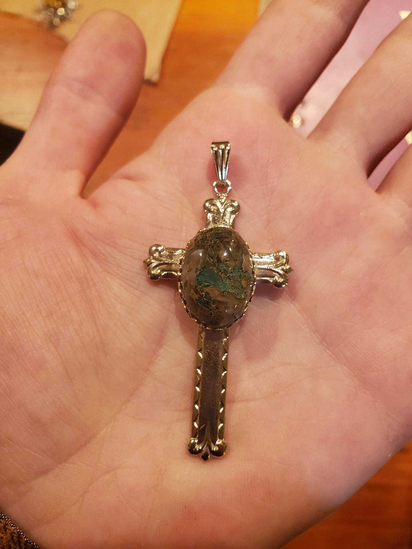 Moss Agate Cross Pendant - 18x13mm Cab, Silver Plated Setting
