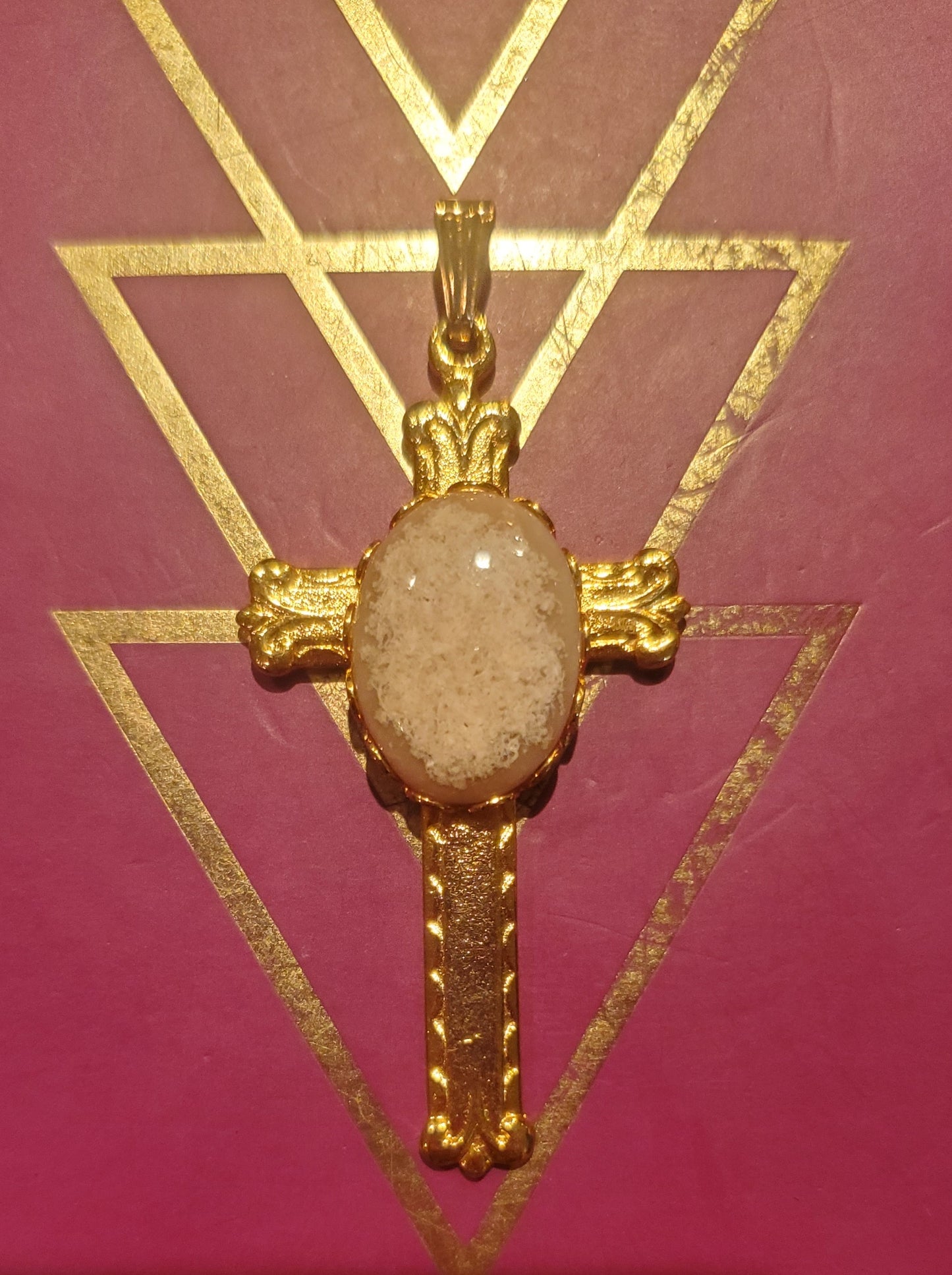 French Agate Cross Pendant - 18x13mm Cab, Gold-Plated Setting