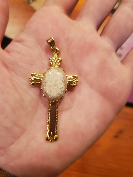 French Agate Cross Pendant - 18x13mm Cab, Gold-Plated Setting