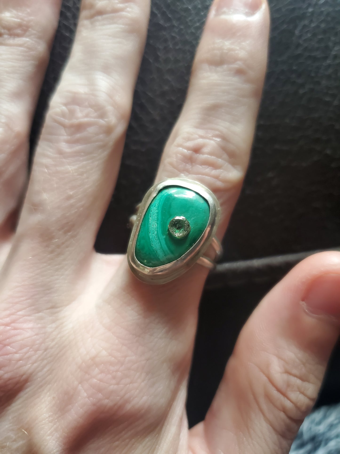 Malachite with inset Topaz Ring, Size 10 - Sterling Silver Smithed Setting