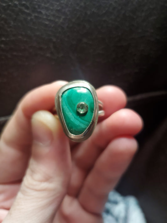 Malachite with inset Topaz Ring, Size 10 - Sterling Silver Smithed Setting