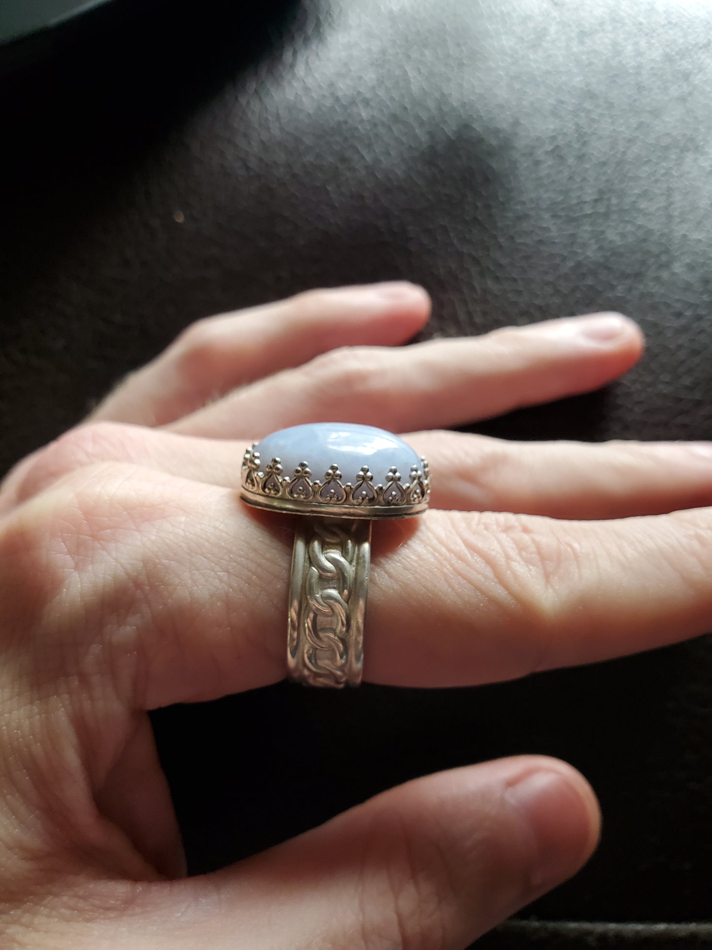 Blue Lace Agate Ring, Size 9 - Sterling Silver Smithed Setting