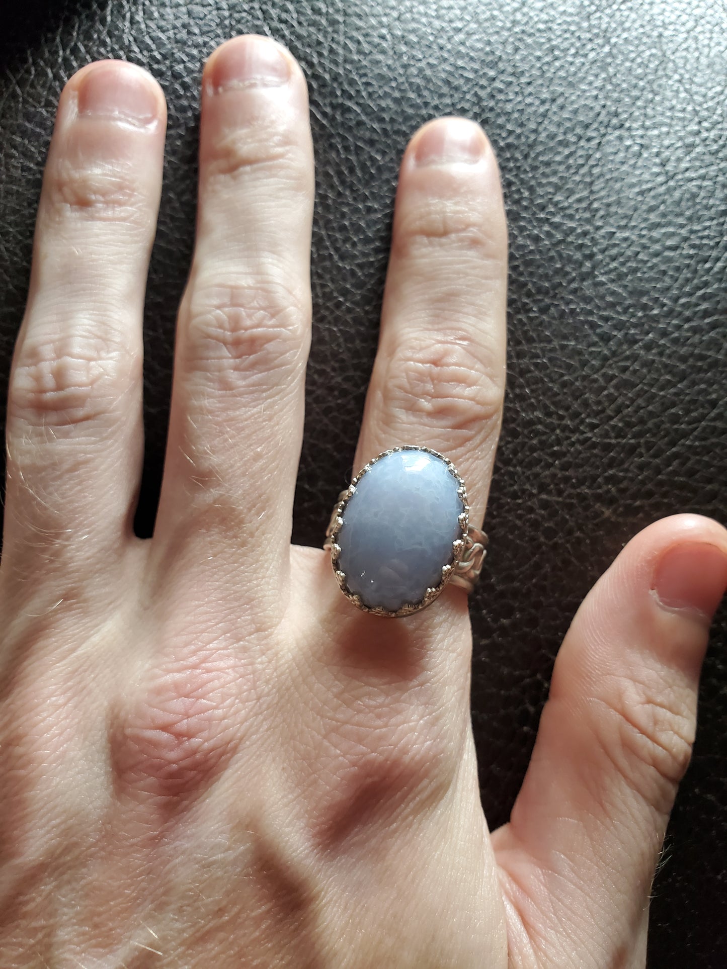 Blue Lace Agate Ring, Size 9 - Sterling Silver Smithed Setting