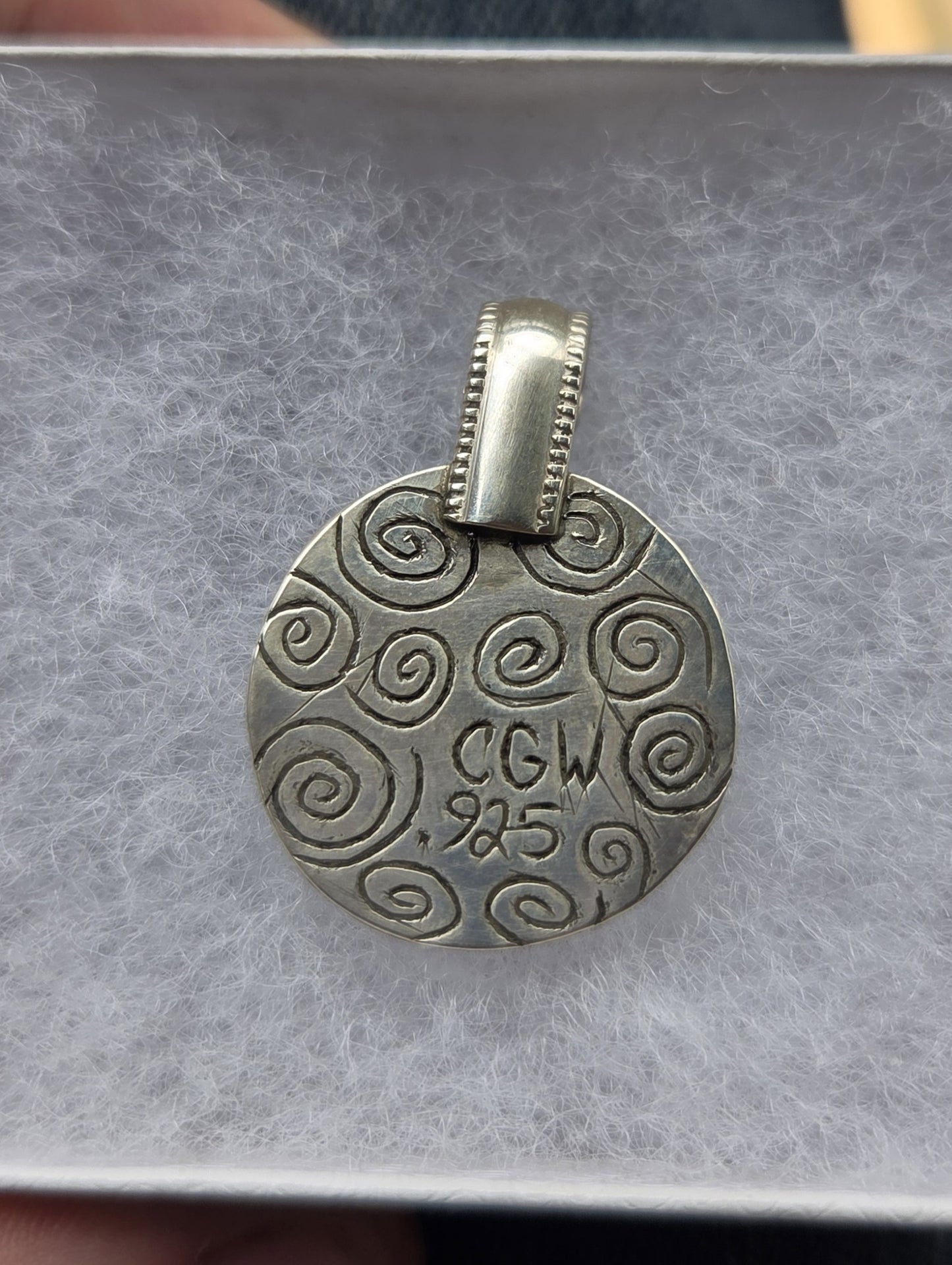 Bogwood Agate Necklace Pendant with Swirl Engraving - Sterling Silver