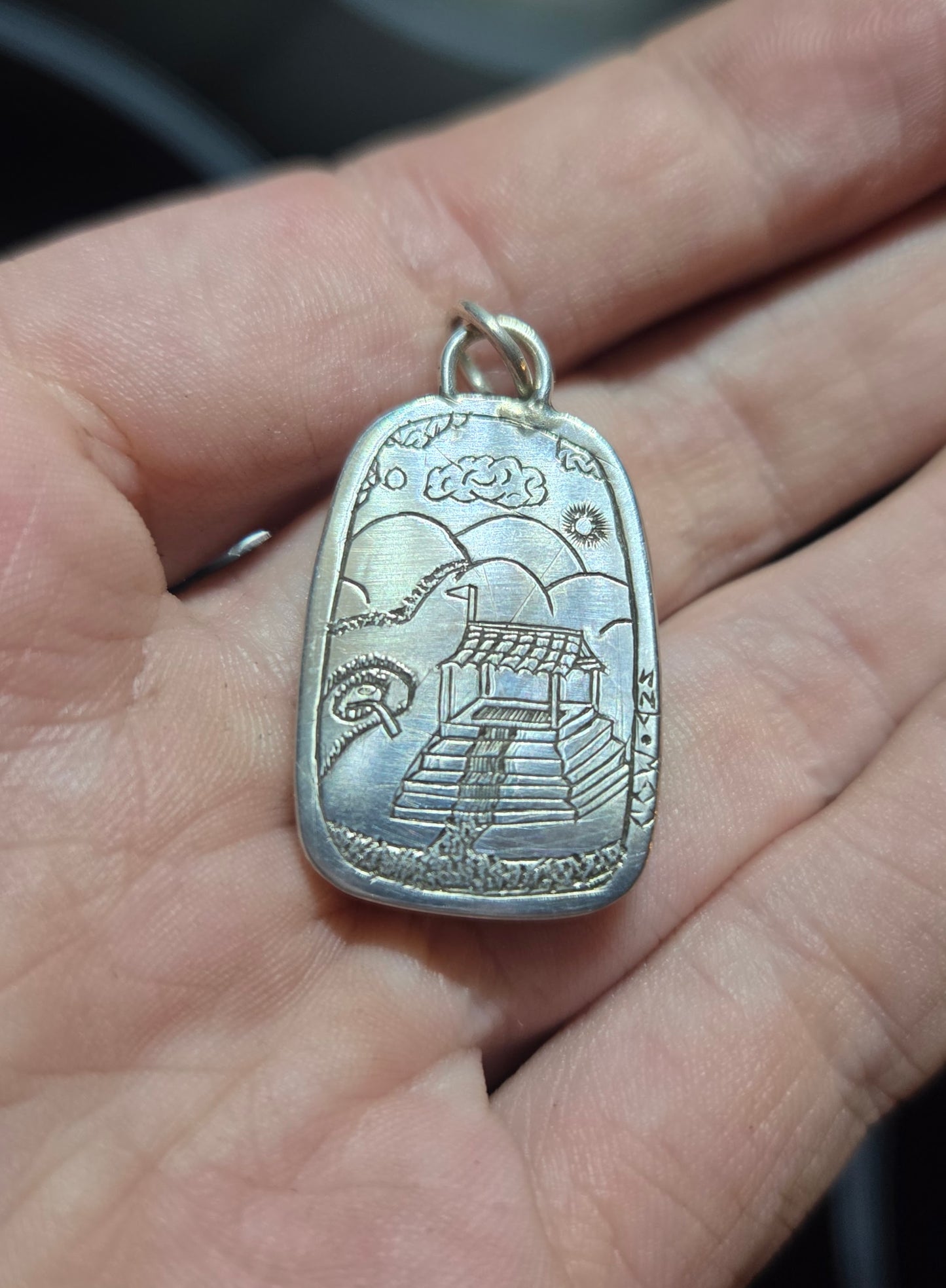 Bogwood Agate Necklace Pendant with Engraved Scene - Sterling Silver