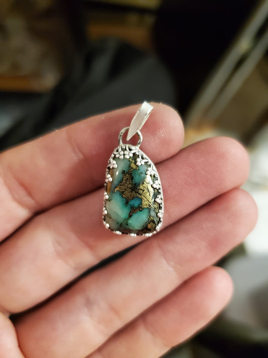Fool's Gold and Malachite in Quartz, Sterling Silver Smithed Setting