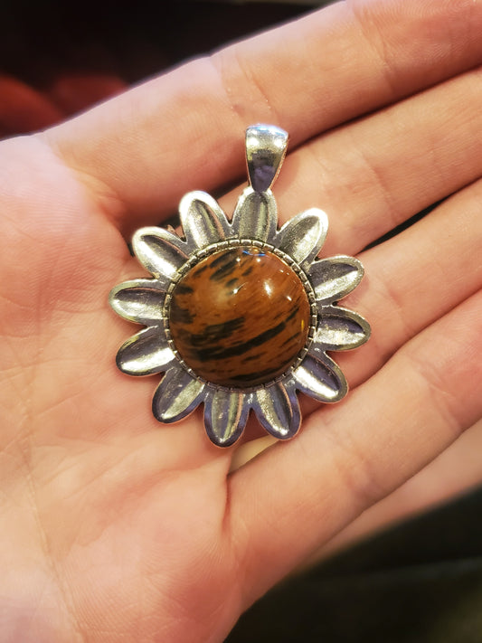 Mahogany Obsidian Pendant - Alloy Flower Setting, 20mm Round Cab