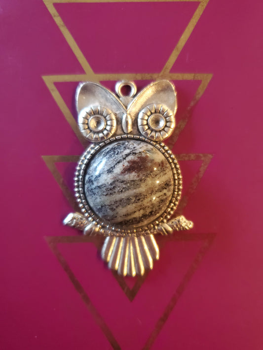 Garnet in Quartz Schist Owl Pendant, 25mm Round Jewelry Cabochon