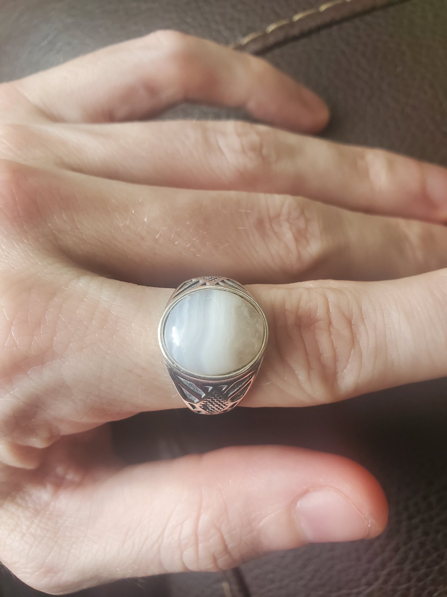 Banded Agate and Quartz Adjustable Ring - Silver, 12mm Oval Cab