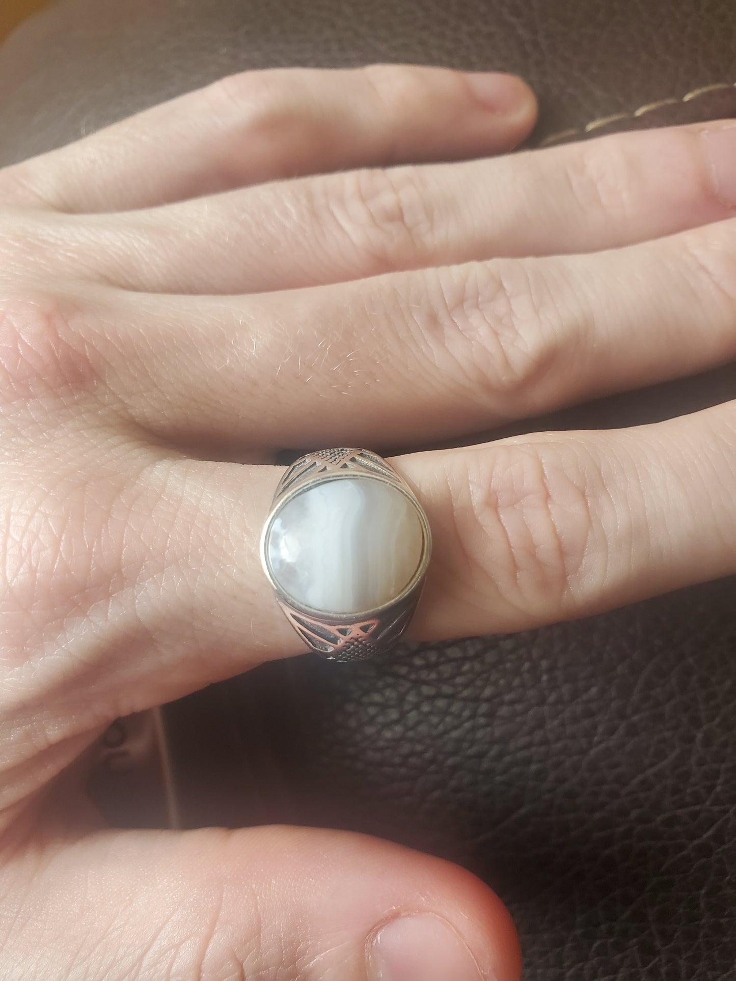 Banded Agate and Quartz Adjustable Ring - Silver, 12mm Oval Cab