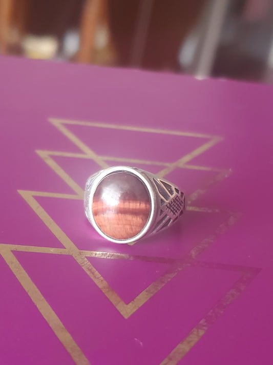 Red Tiger's Eye Adjustable Ring - Silver, 12mm Oval Cab