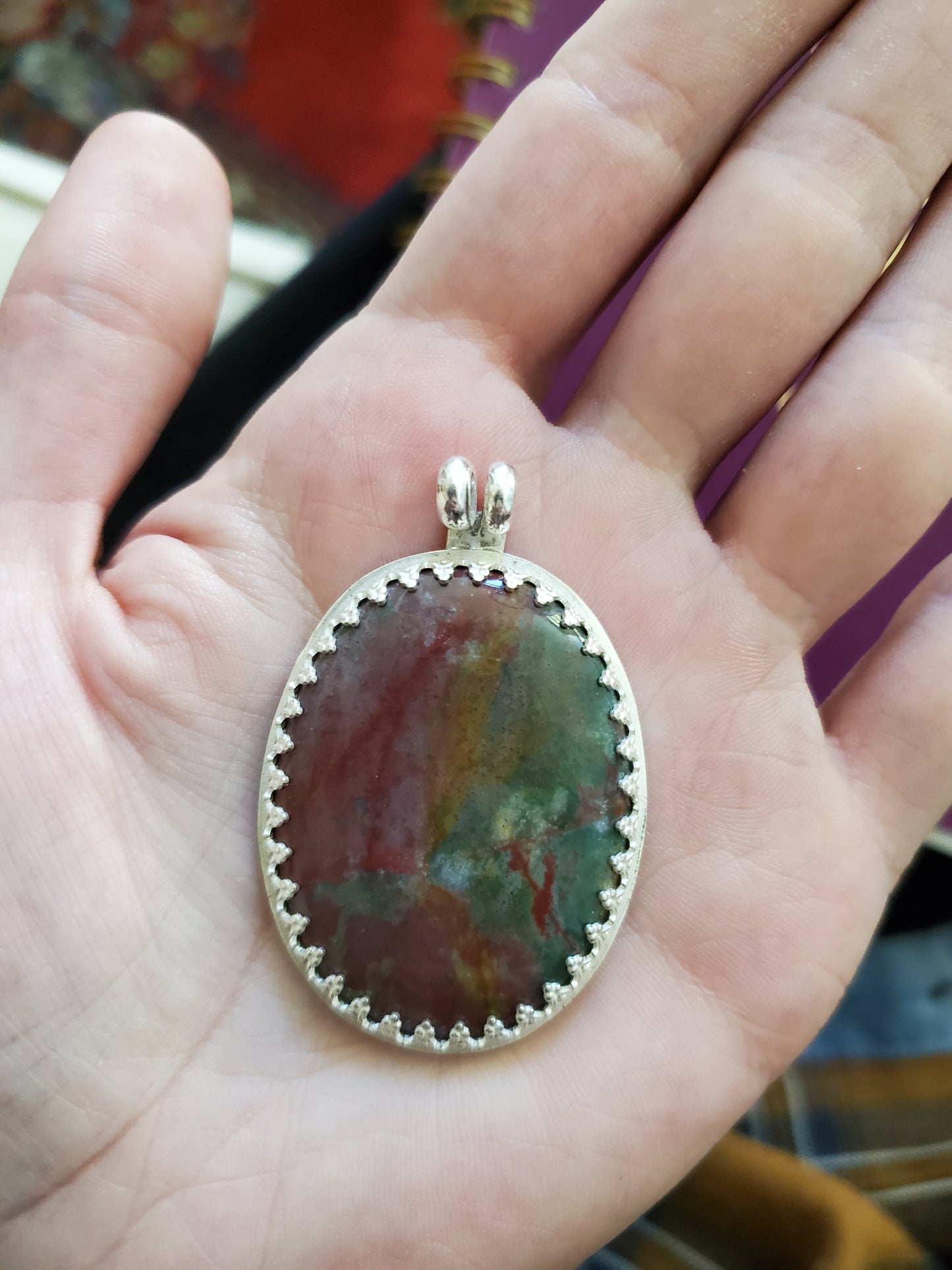 Bloodstone Necklace Pendant, Silver Setting