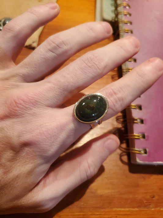 Moss Agate Adjustable Ring - 18x13mm Cab, Alloy Ring