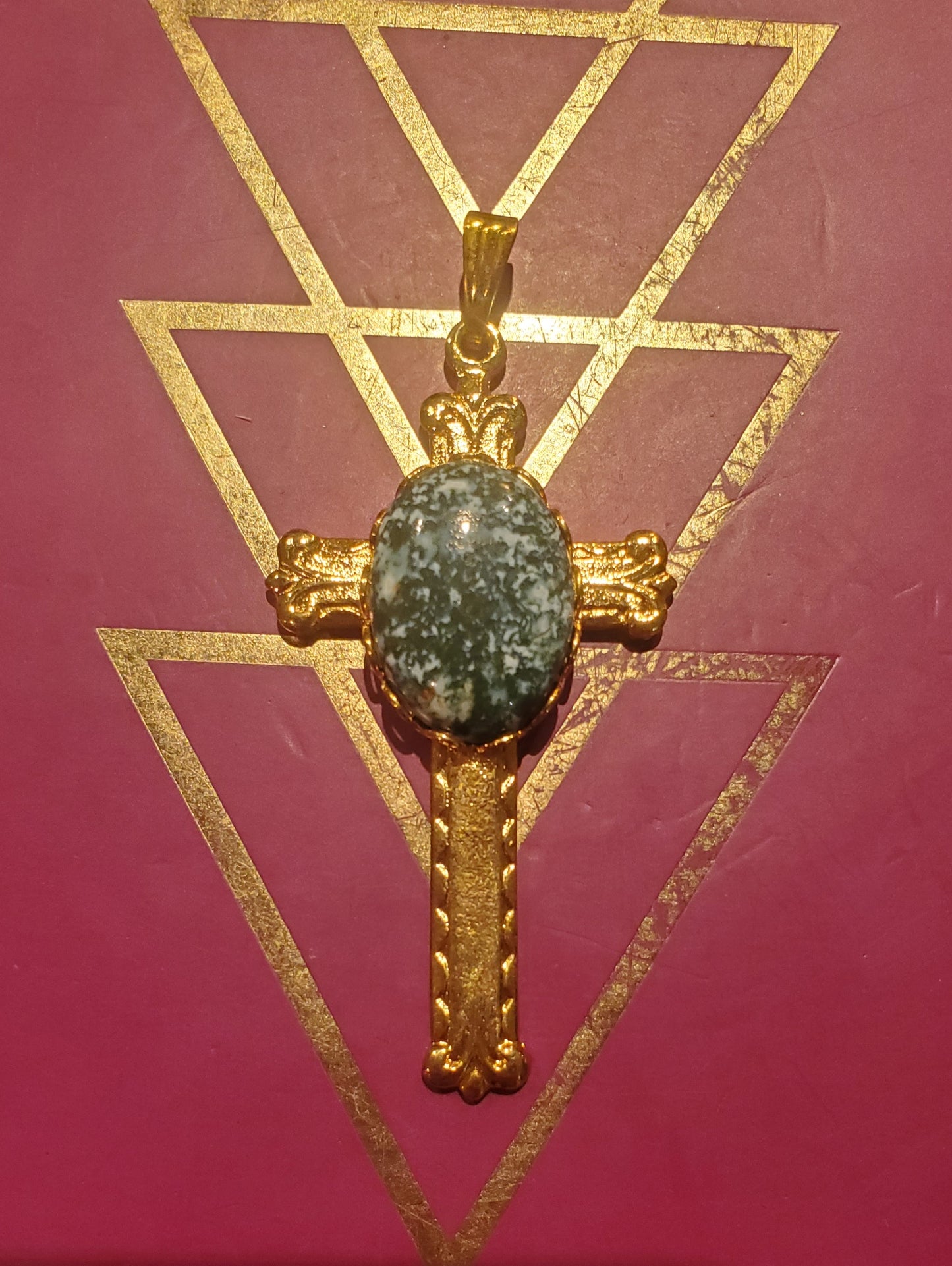 Moss Agate Cross Pendant - 18x13mm Cab, Gold-Plated Setting