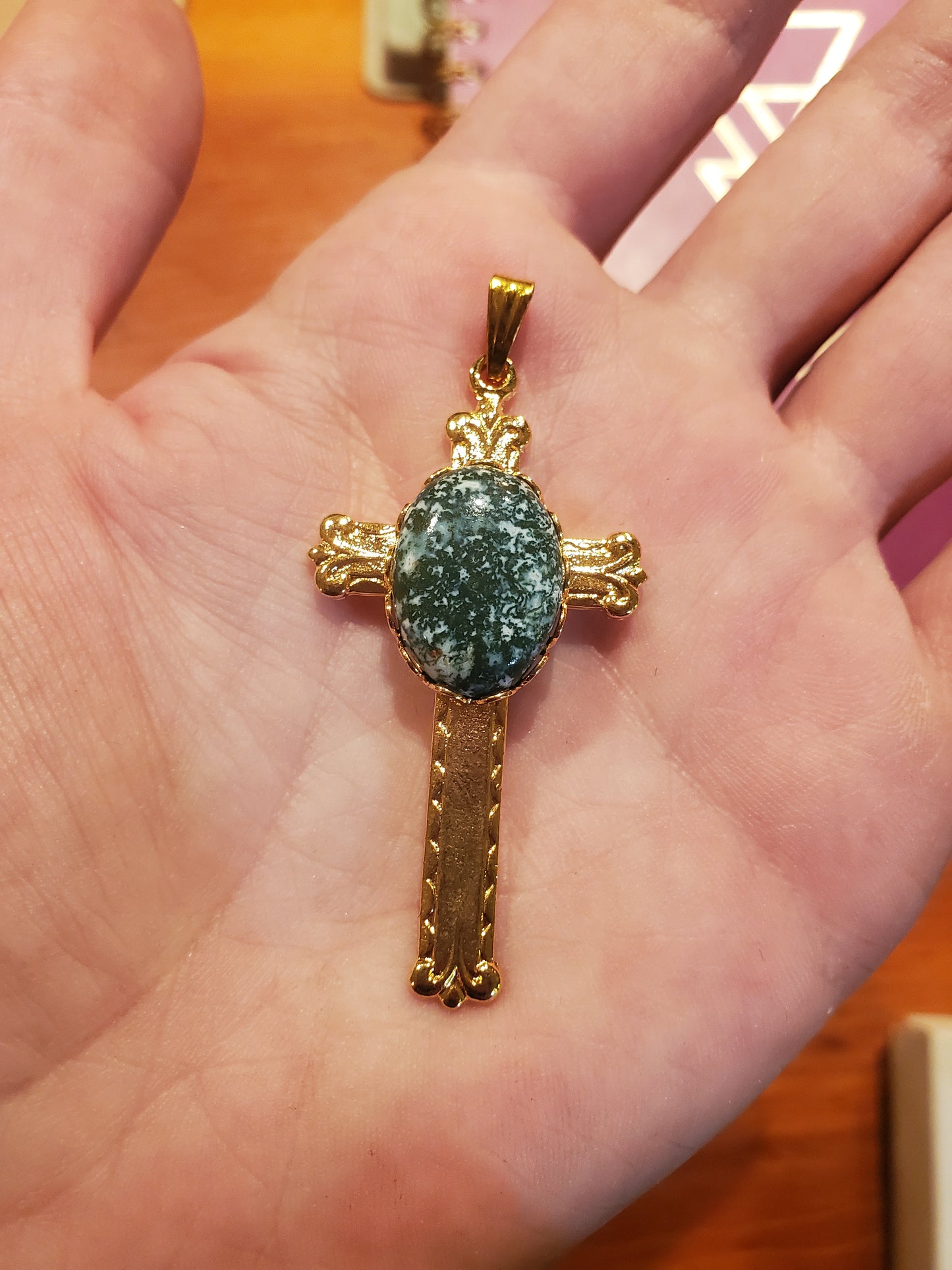 Moss Agate Cross Pendant - 18x13mm Cab, Gold-Plated Setting