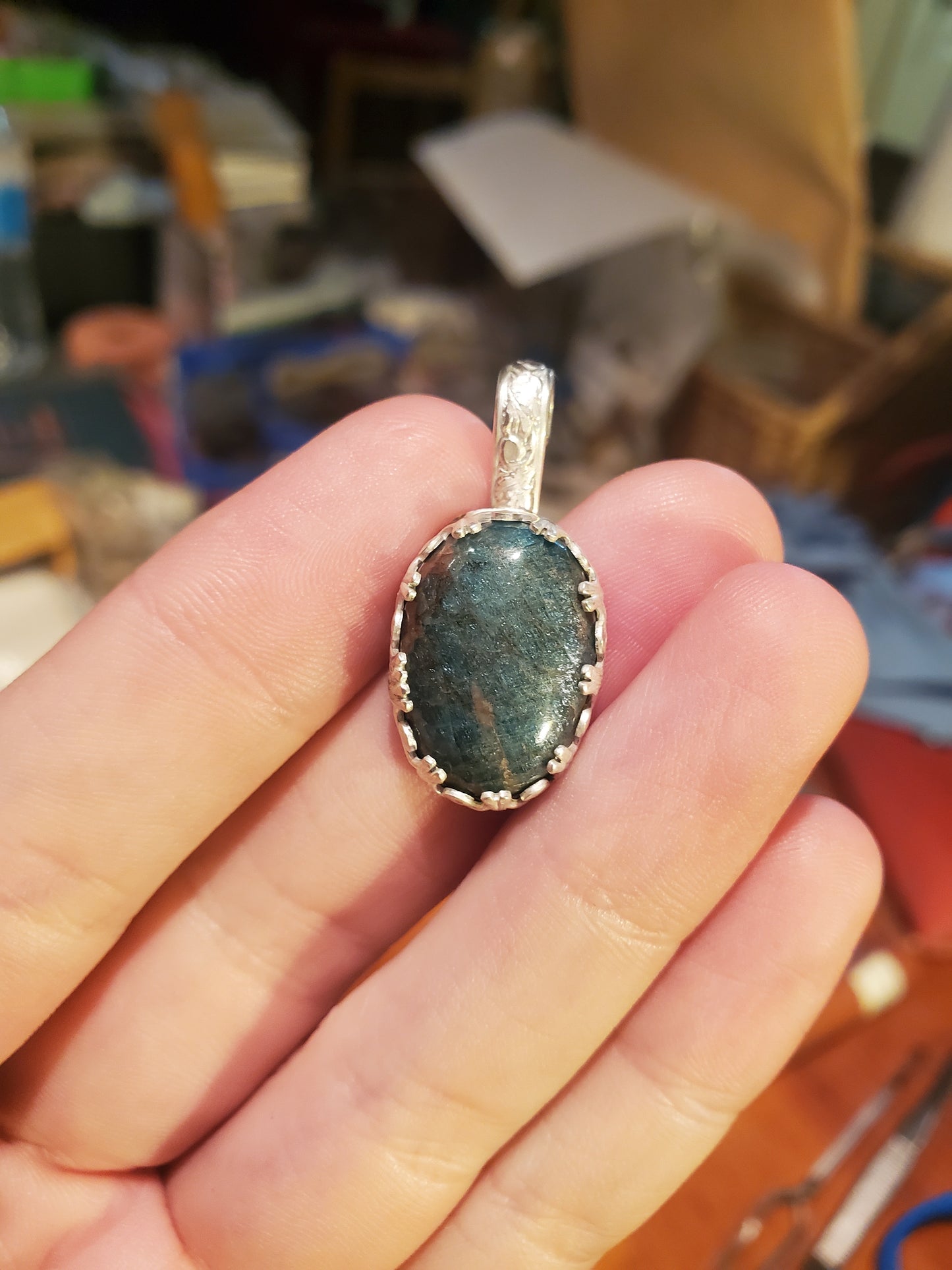 Iridescent Blue Apatite Pendant - 18x13mm Cab, Silver Setting