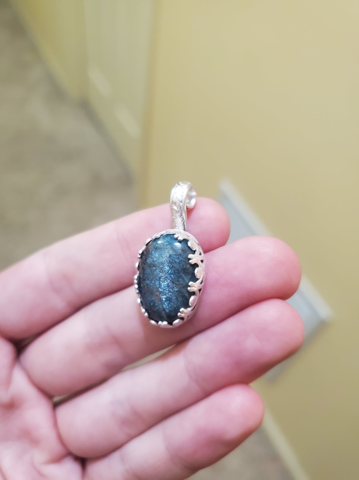 Iridescent Blue Apatite Pendant - 18x13mm Cab, Silver Setting