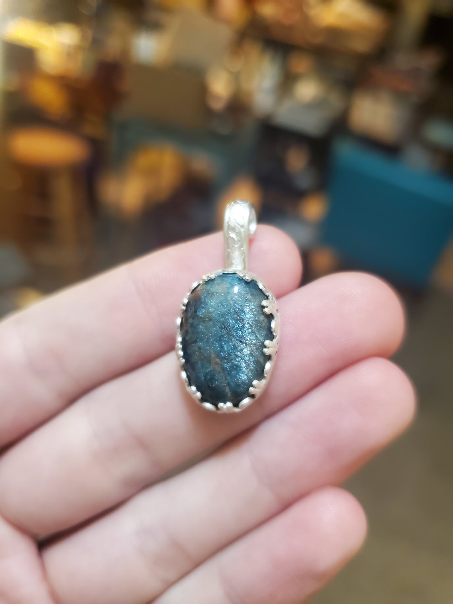 Iridescent Blue Apatite Pendant - 18x13mm Cab, Silver Setting