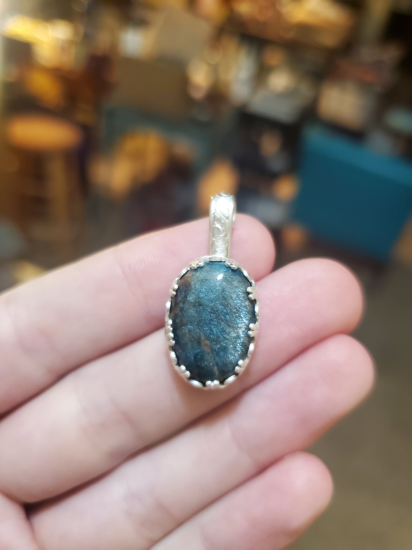 Iridescent Blue Apatite Pendant - 18x13mm Cab, Silver Setting