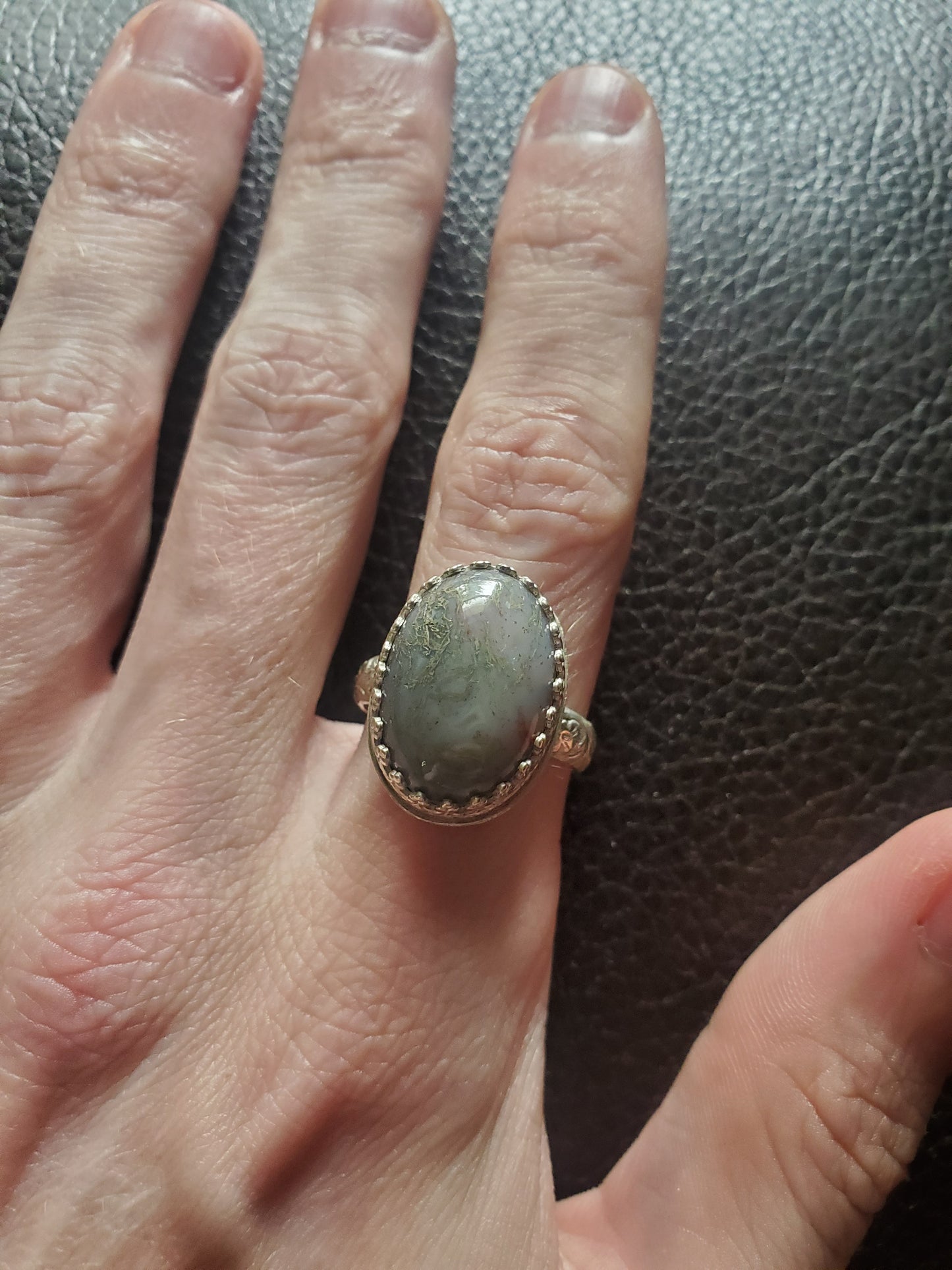 Moss Agate Ring, Size 7+ Sterling Silver Smithed Setting