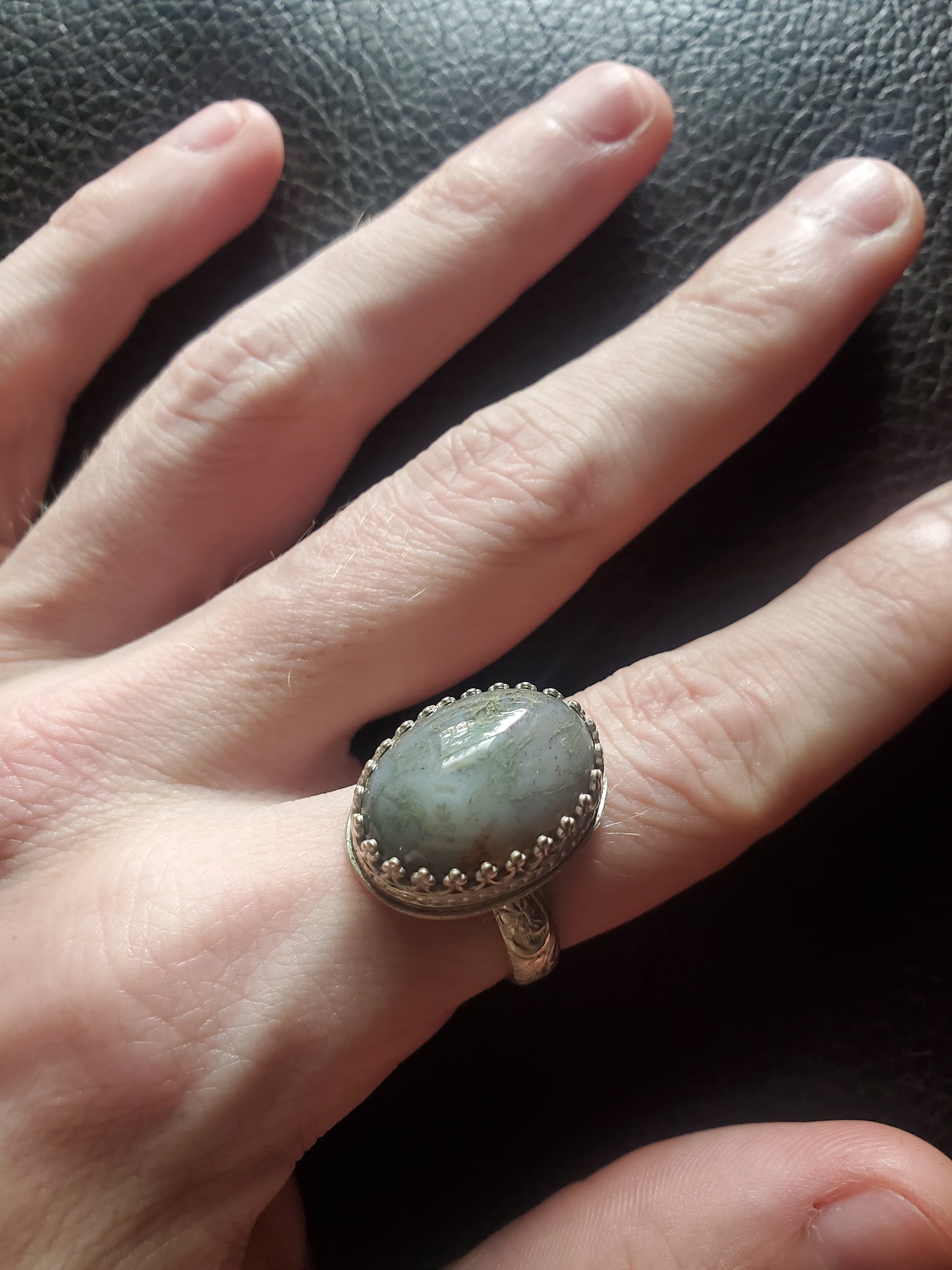 Moss Agate Ring, Size 7+ Sterling Silver Smithed Setting