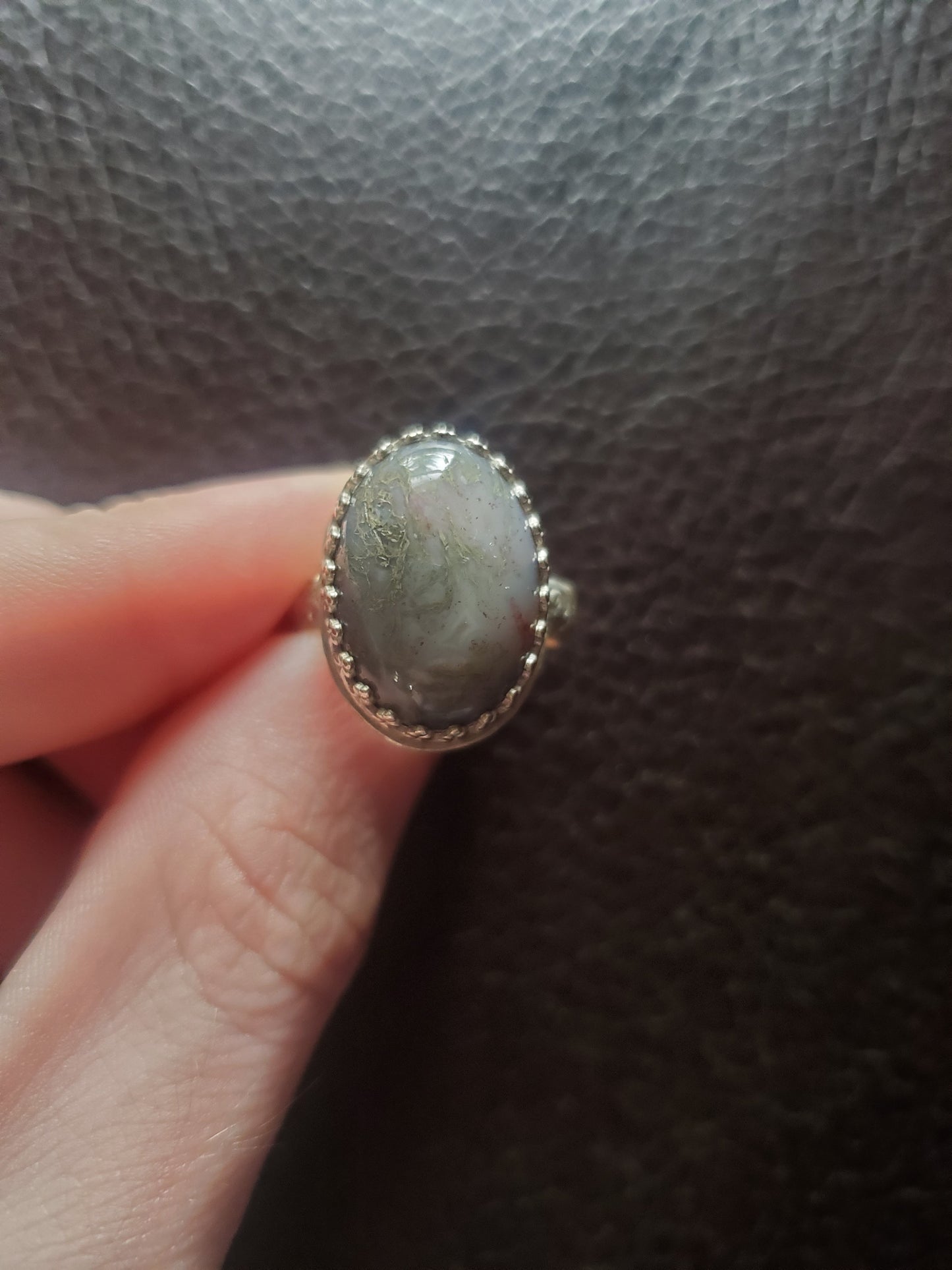 Moss Agate Ring, Size 7+ Sterling Silver Smithed Setting