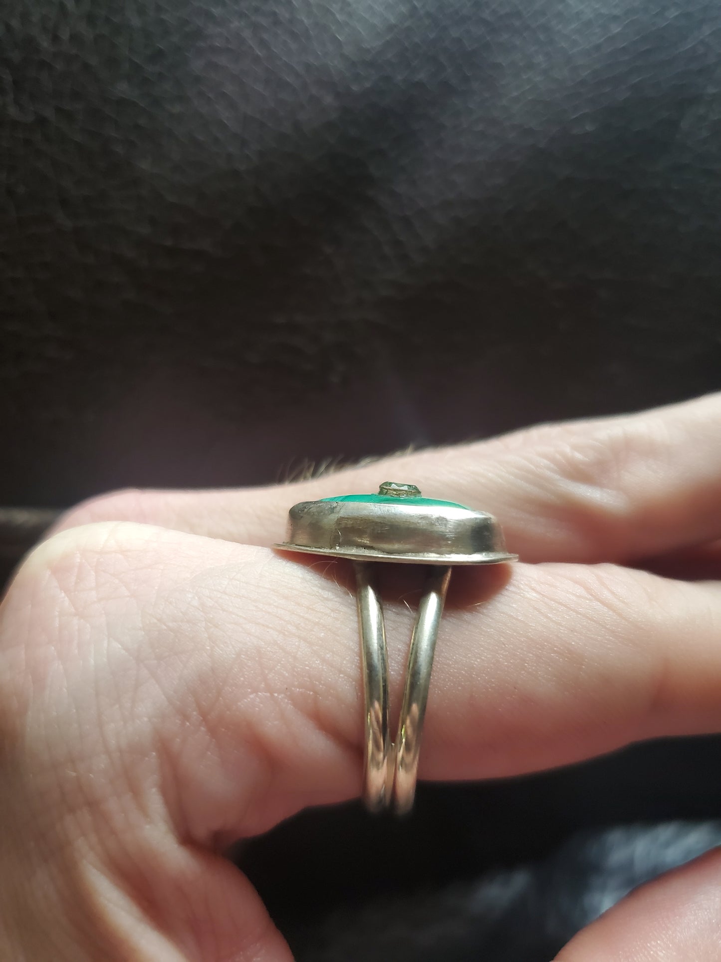 Malachite with inset Topaz Ring, Size 10 - Sterling Silver Smithed Setting