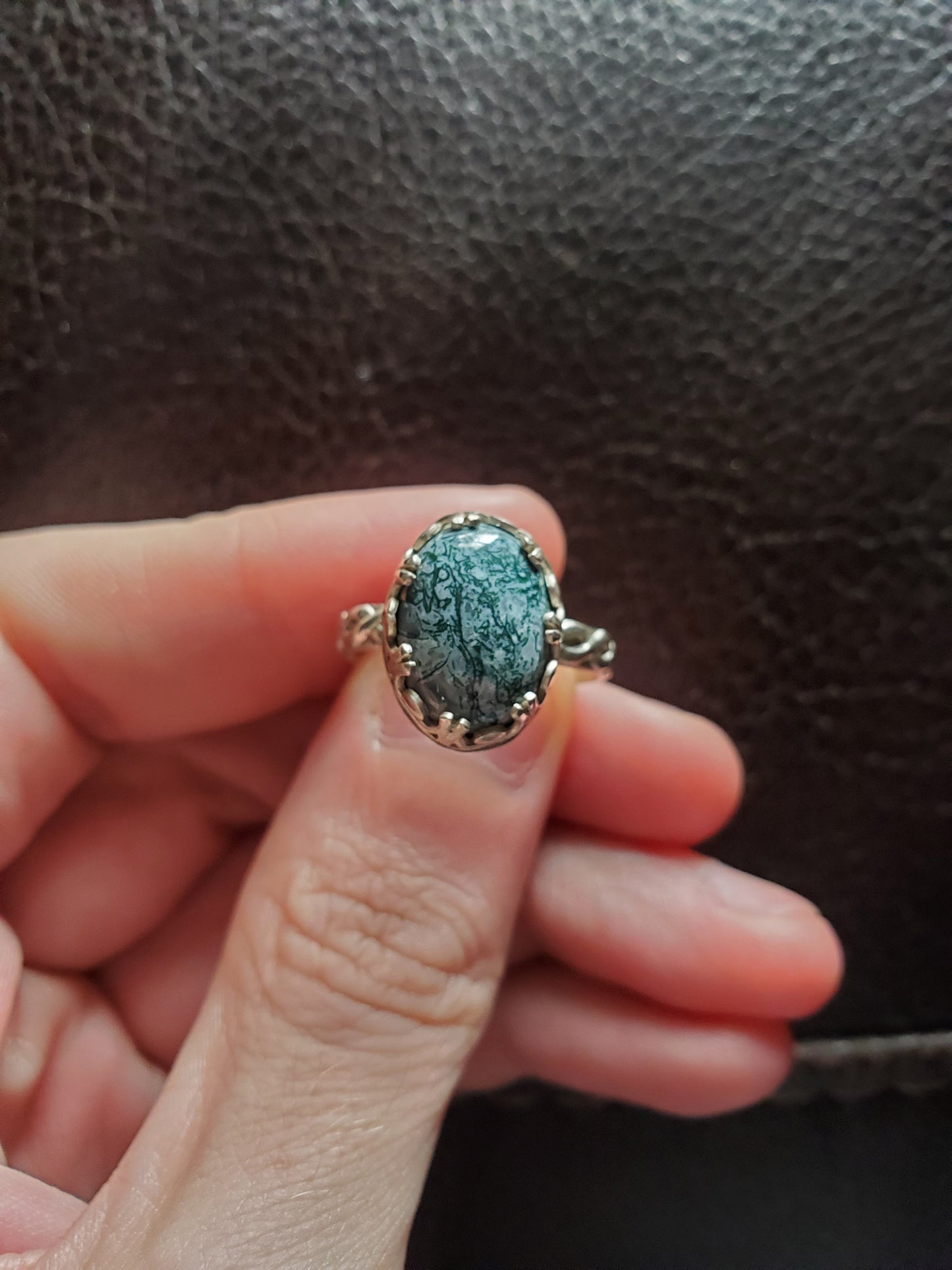 Moss Agate Ring, Size 8 - Sterling Silver Smithed Setting