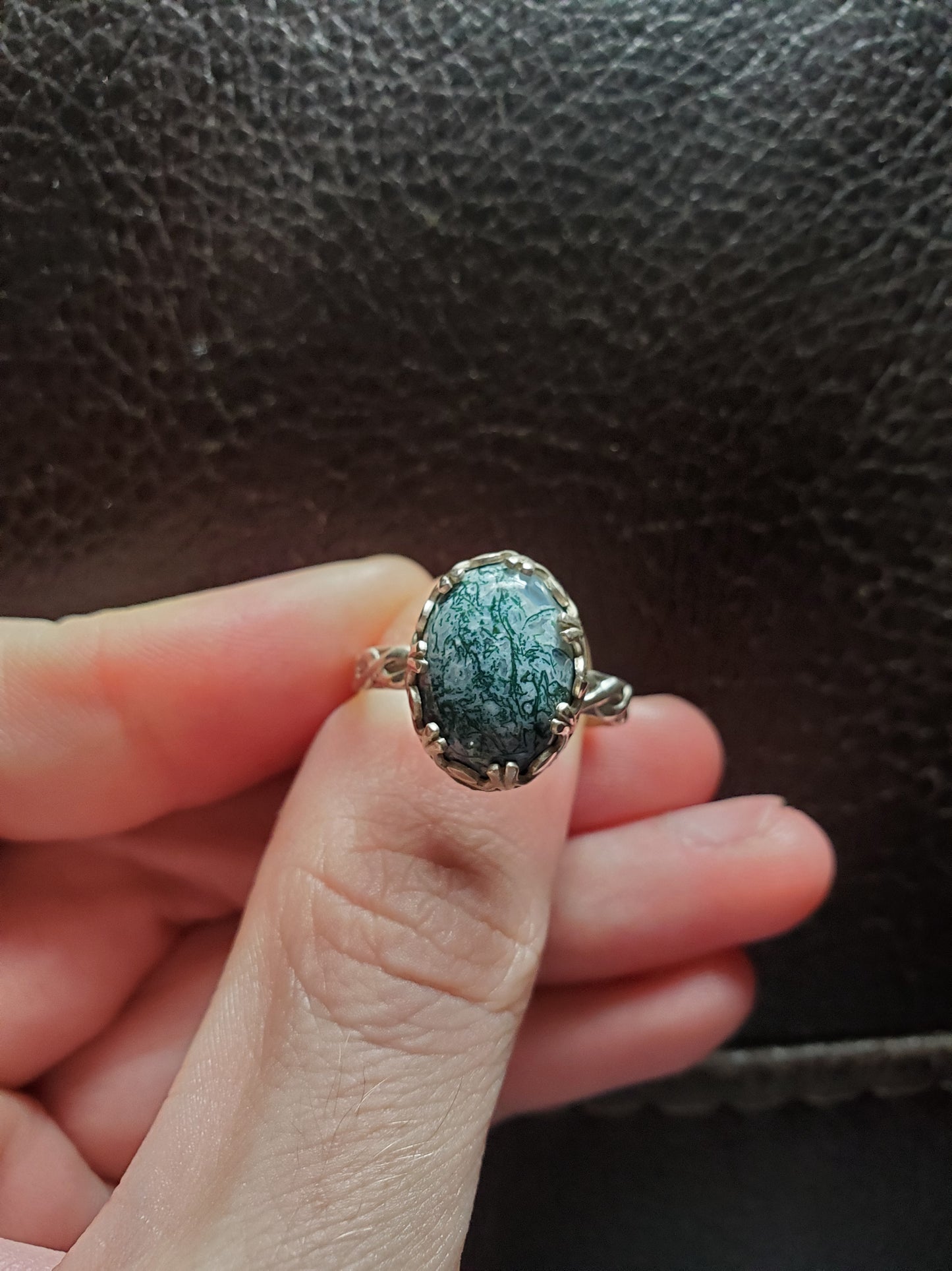 Moss Agate Ring, Size 8 - Sterling Silver Smithed Setting