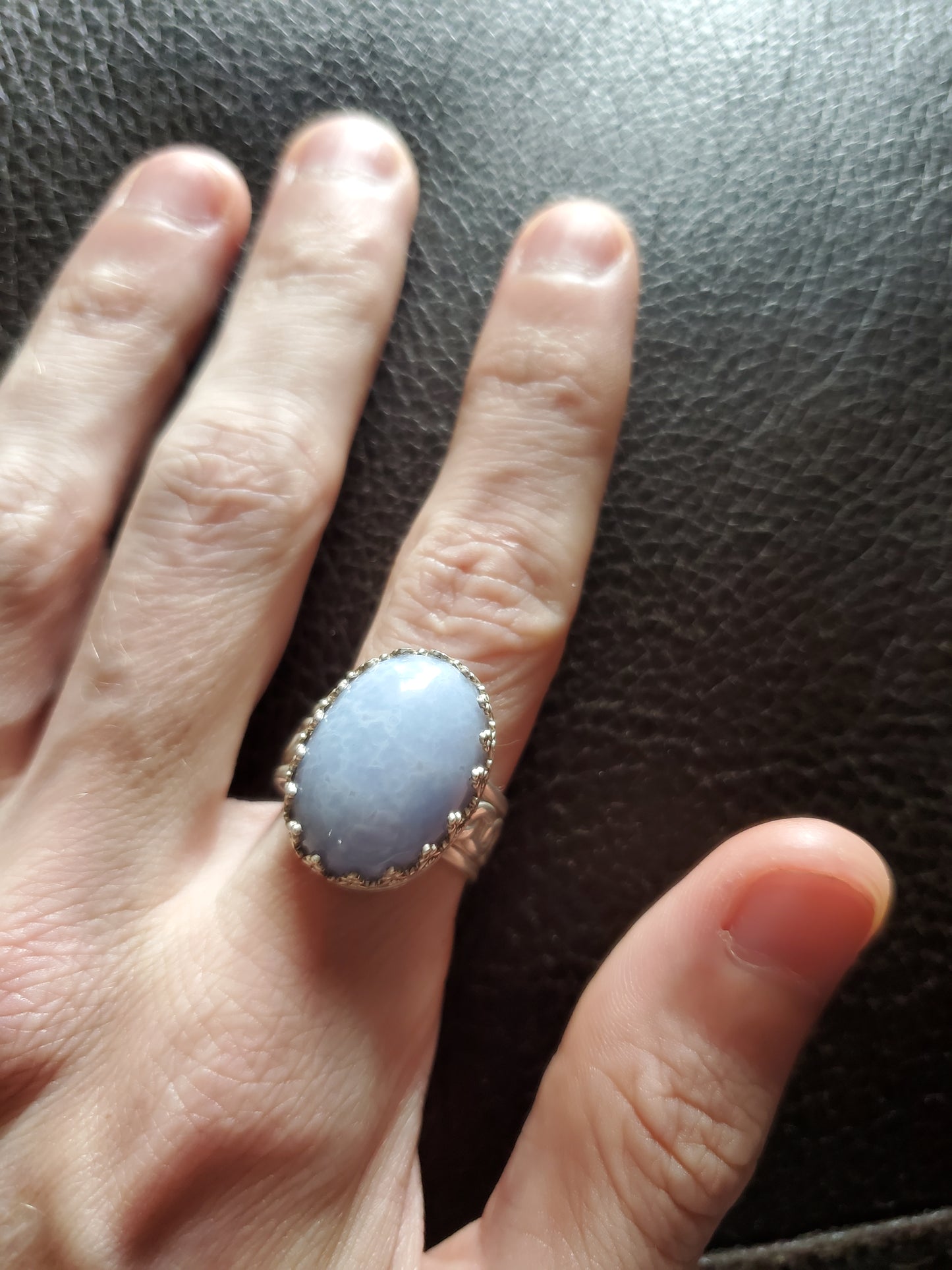 Blue Lace Agate Ring, Size 9 - Sterling Silver Smithed Setting