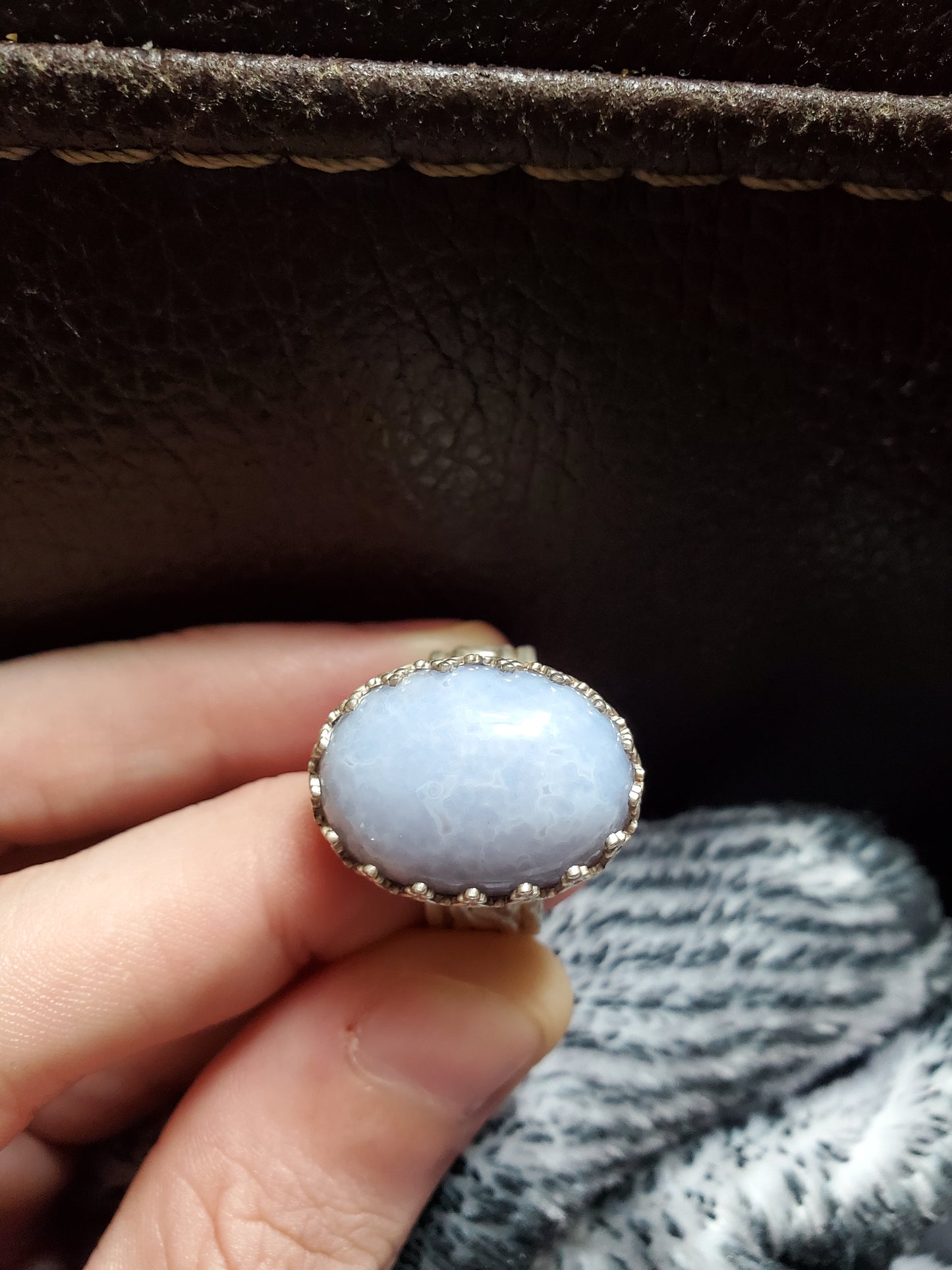 Blue Lace Agate Ring, Size 9 - Sterling Silver Smithed Setting