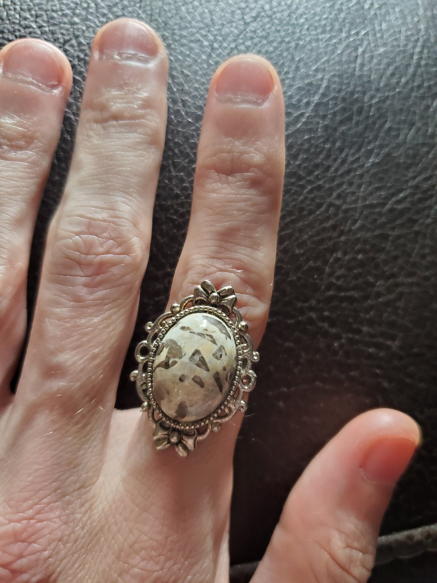 Smokey Quartz in Pegmatite Ring - Adjustable Size - Non-Silver Alloy