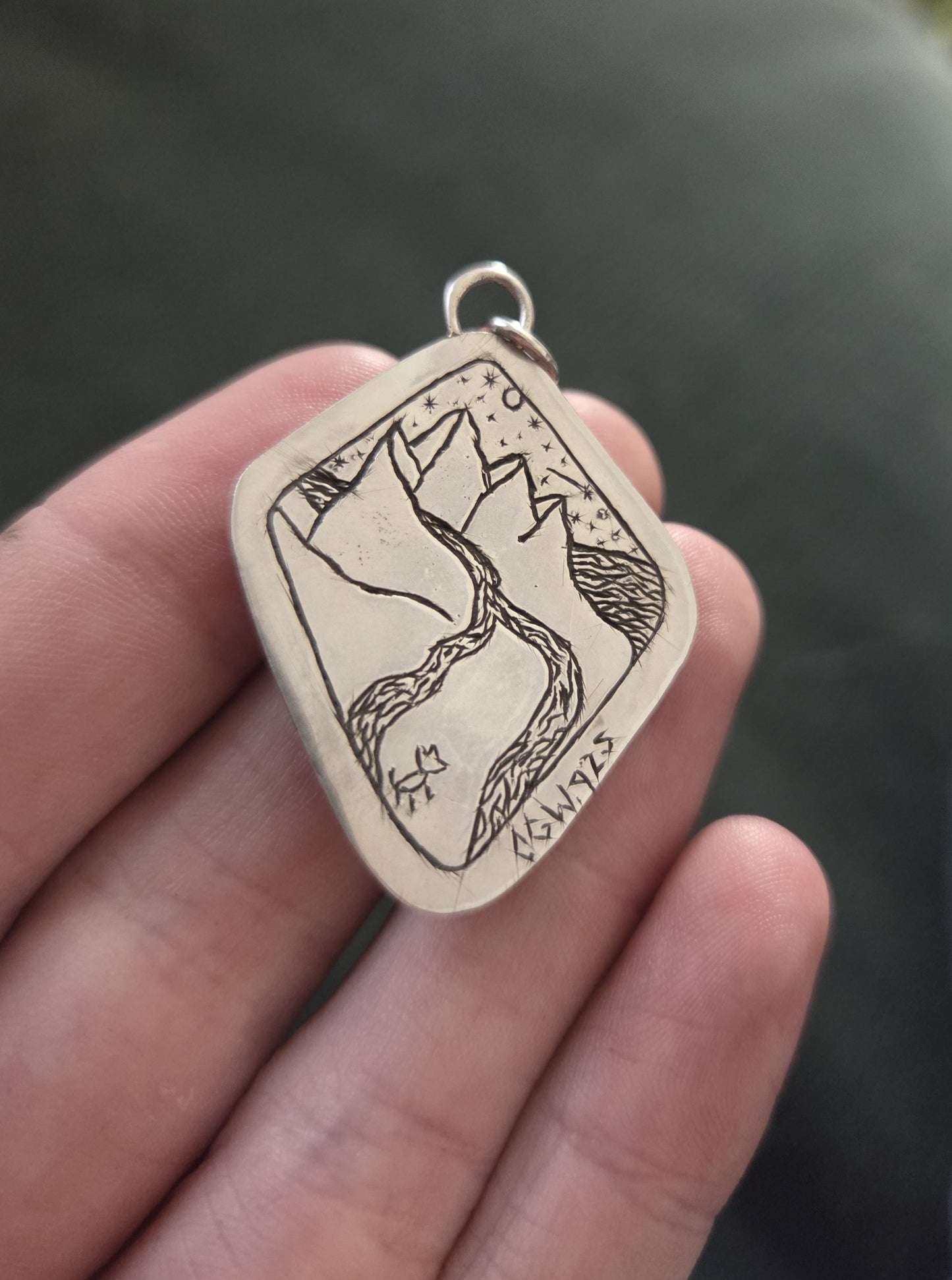 Jasper/Agate Necklace Pendant with Mountain Landscape Engraving - Sterling Silver