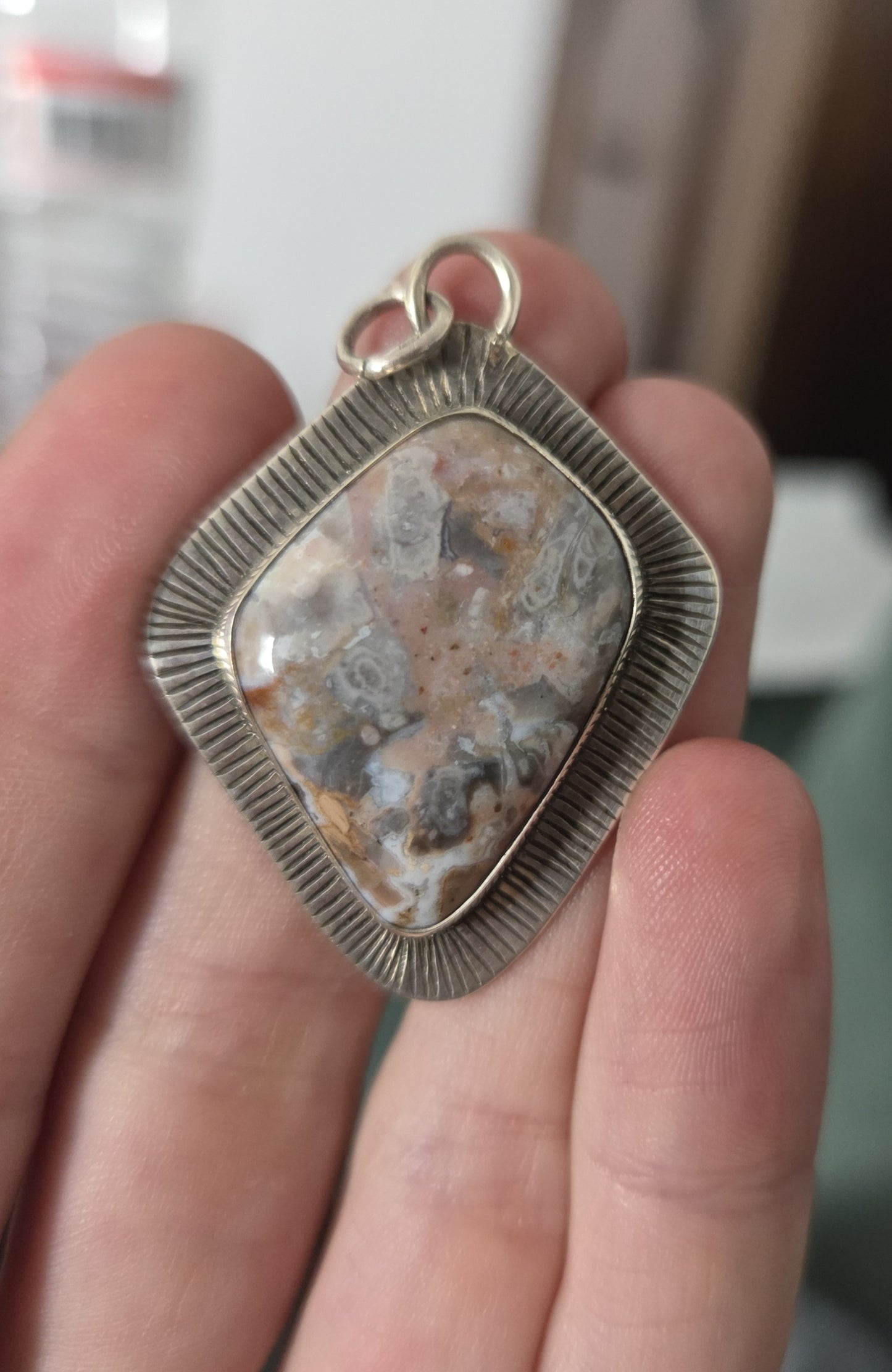 Jasper/Agate Necklace Pendant with Mountain Landscape Engraving - Sterling Silver