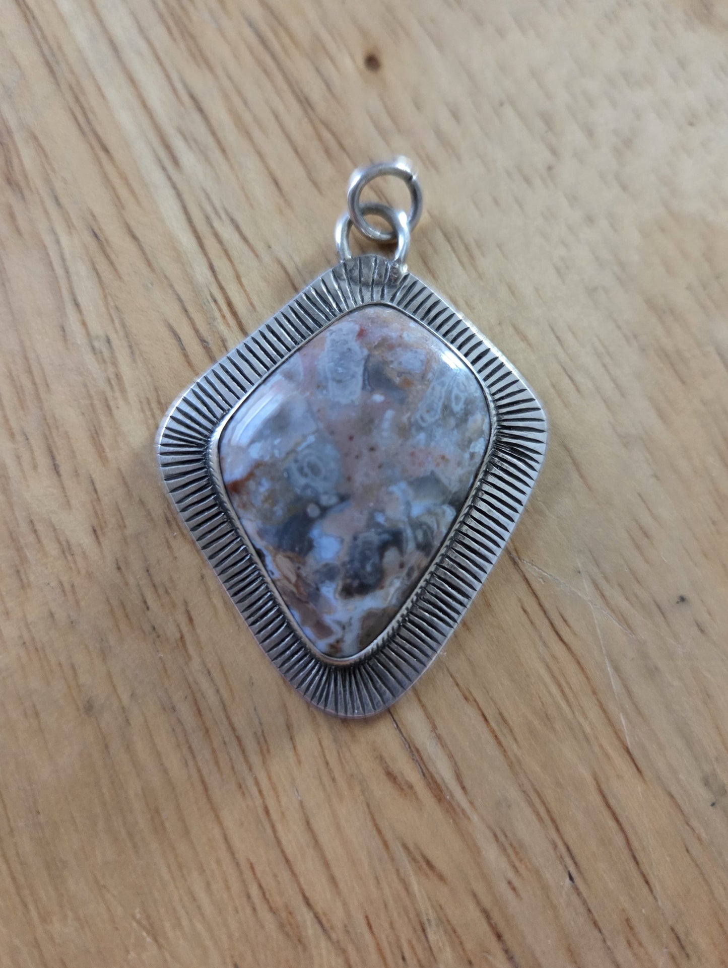 Jasper/Agate Necklace Pendant with Mountain Landscape Engraving - Sterling Silver