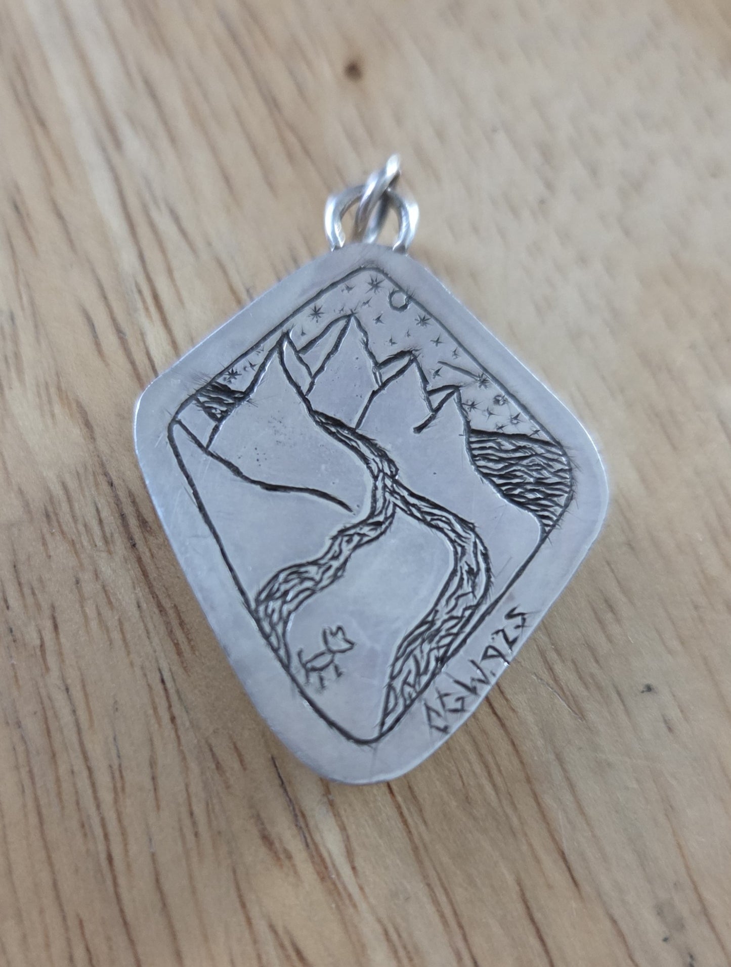 Jasper/Agate Necklace Pendant with Mountain Landscape Engraving - Sterling Silver