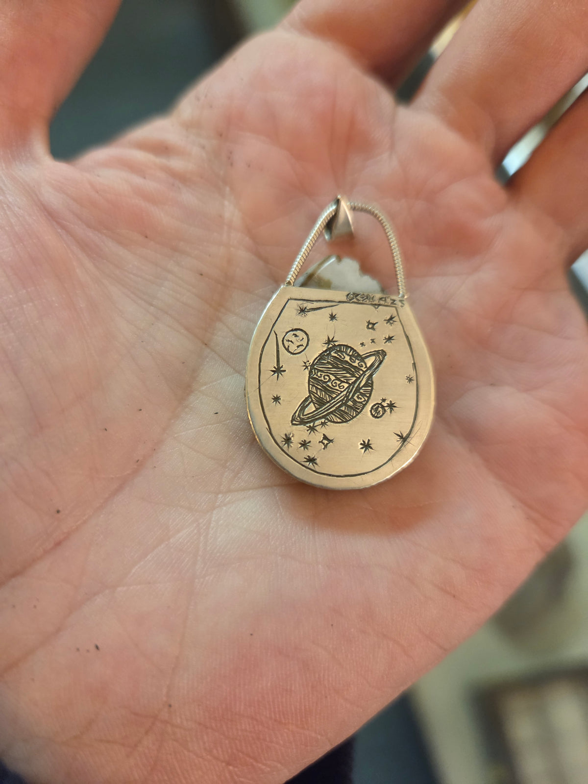 Blackfoot River Jupiter Jasper Pendant with Planetary Engraving - Sterling Silver Smithed