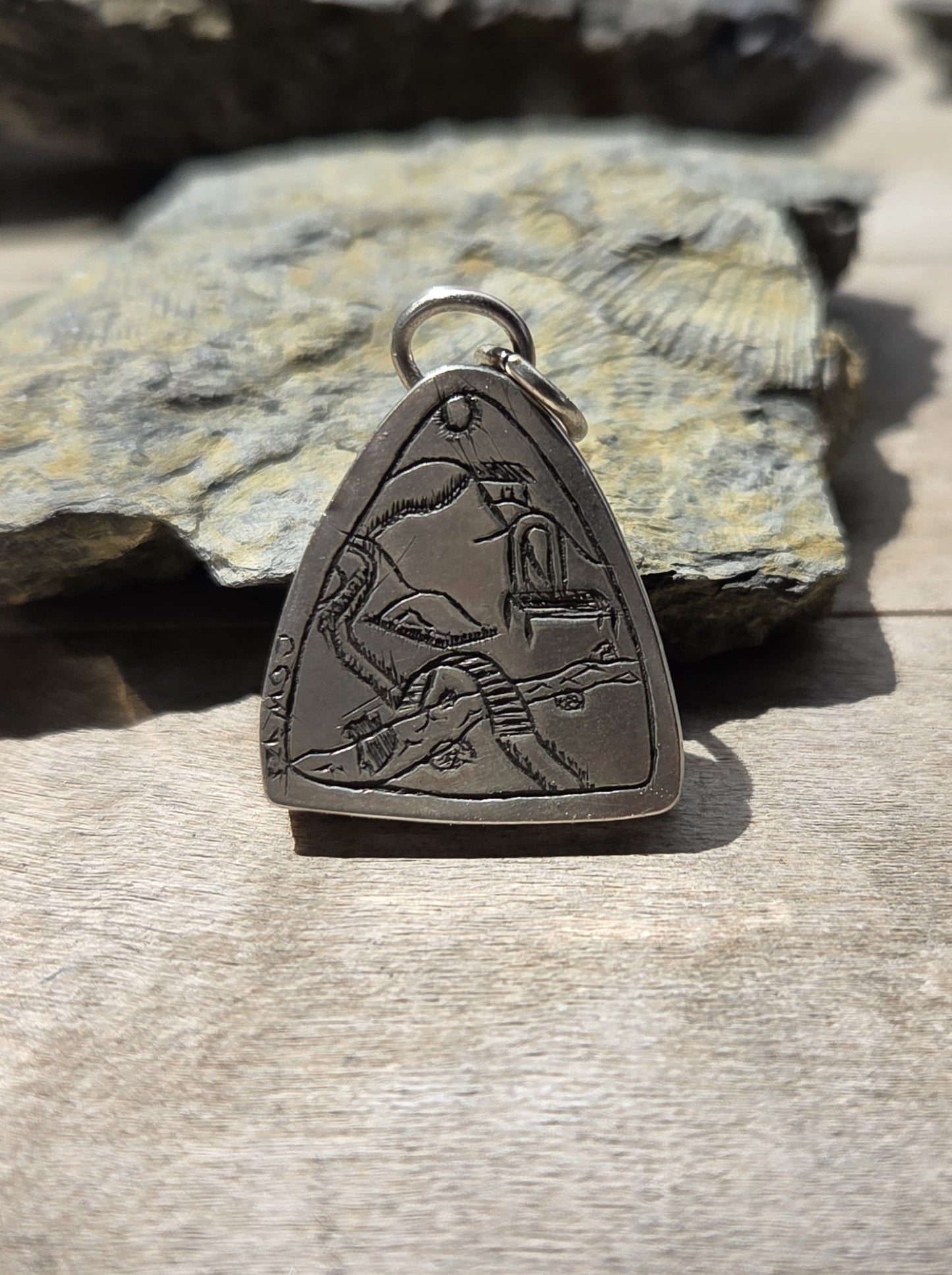 Jasper and Sodalite Necklace Pendant with Scenery Engraving - Sterling Silver