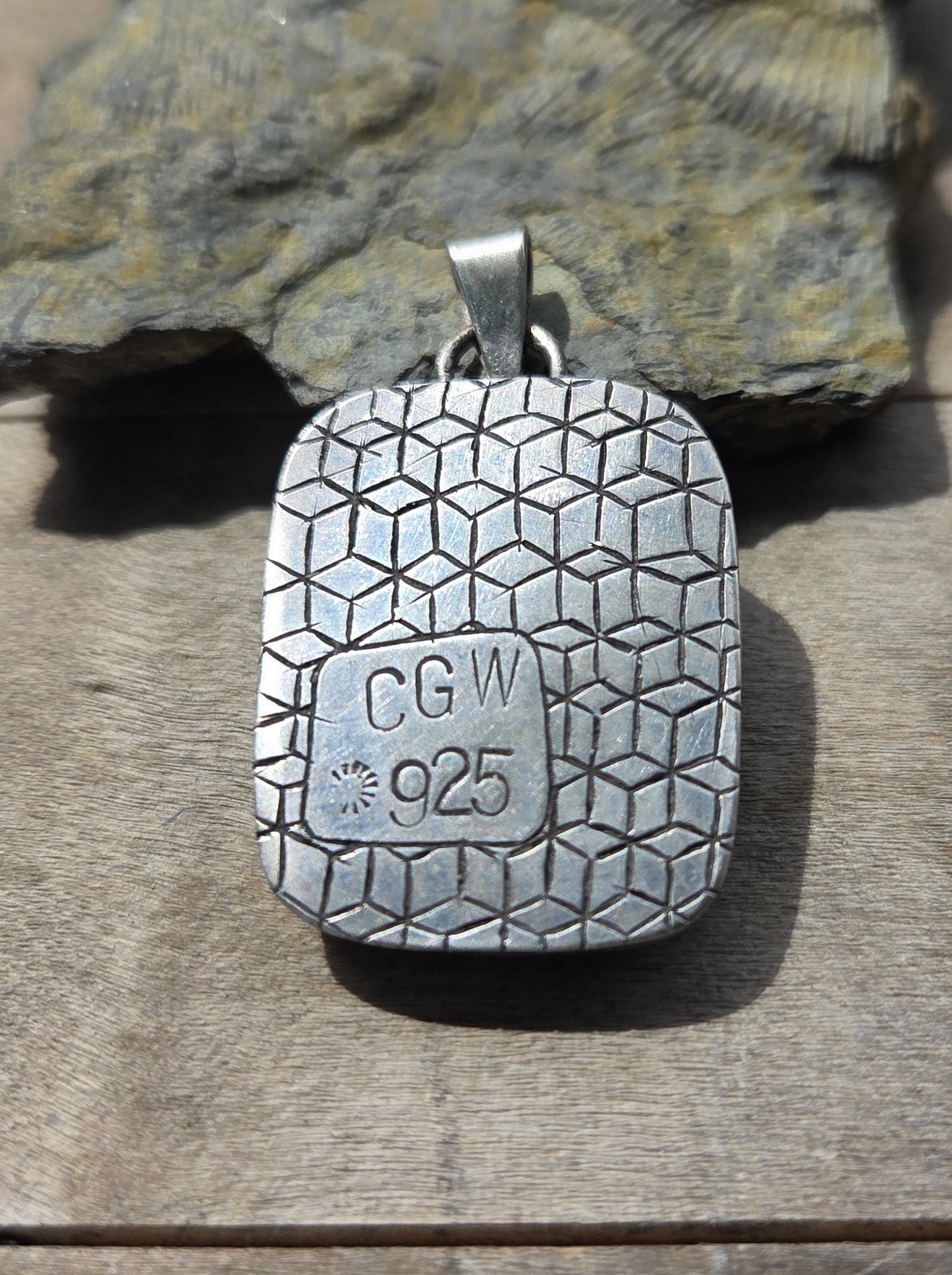 Moss Agate Necklace Pendant with Block Pattern Engraving - Sterling Silver