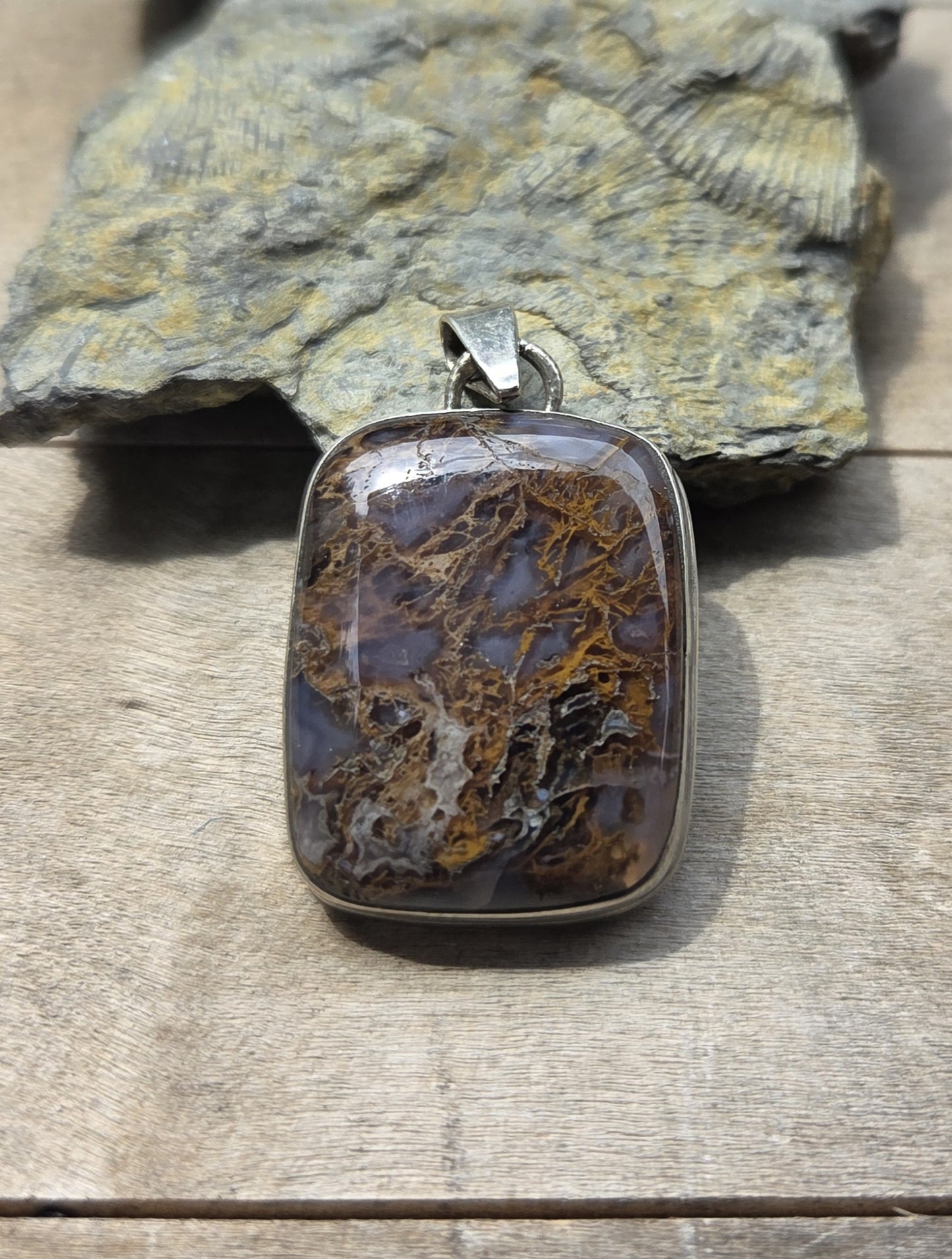 Moss Agate Necklace Pendant with Block Pattern Engraving - Sterling Silver