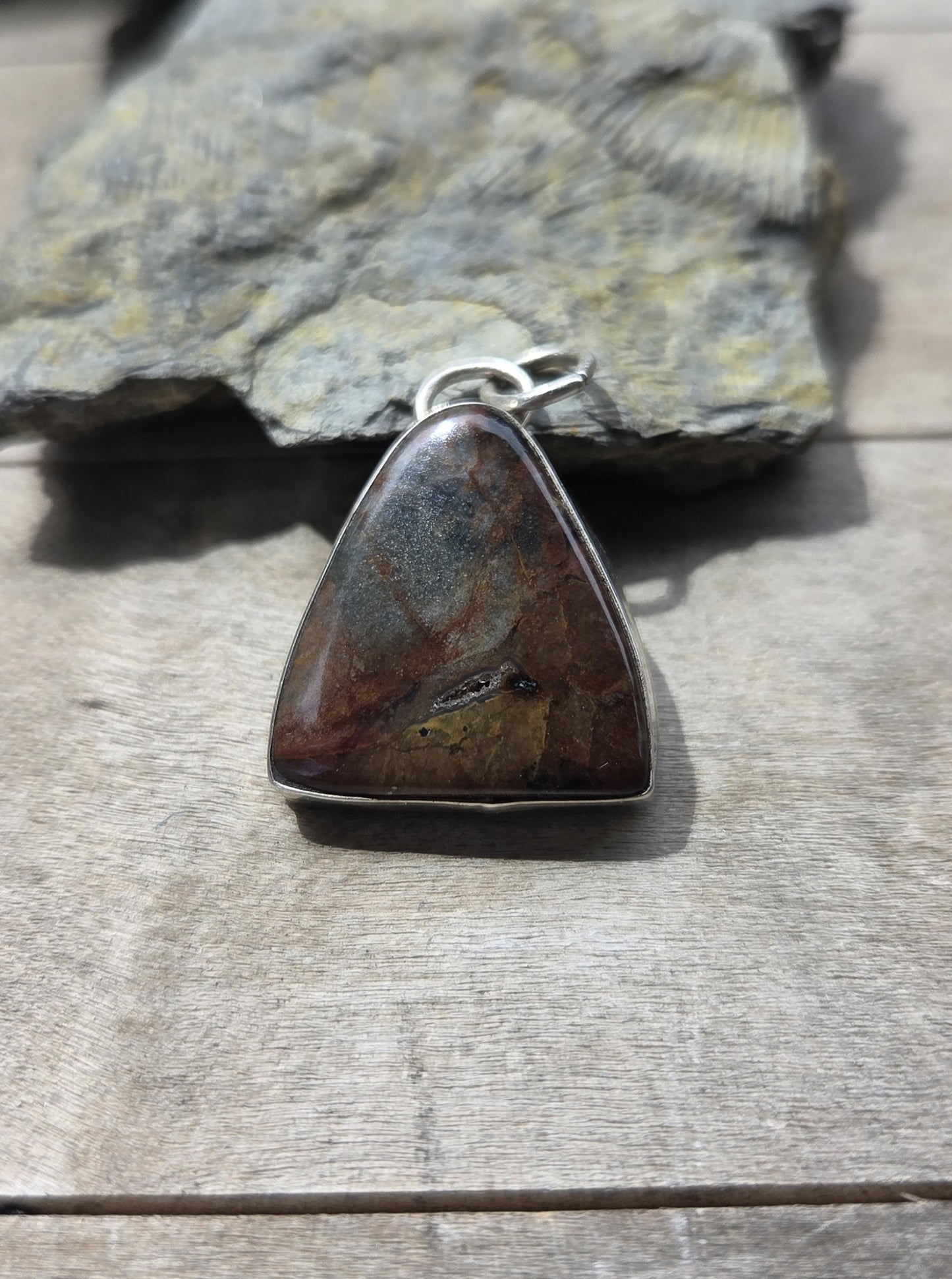 Jasper and Sodalite Necklace Pendant with Scenery Engraving - Sterling Silver
